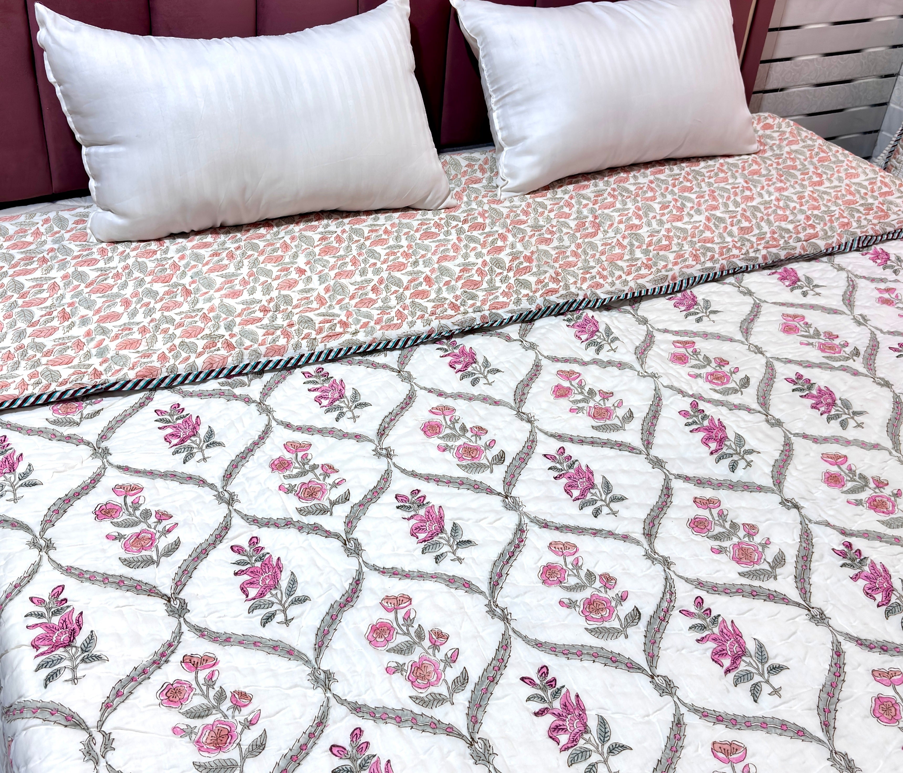 Floral Cotton Quilt | Pink Rose & Leaf Printed Bed Quilt | Traditional Indian Cotton Bedspread | Handmade Bedding