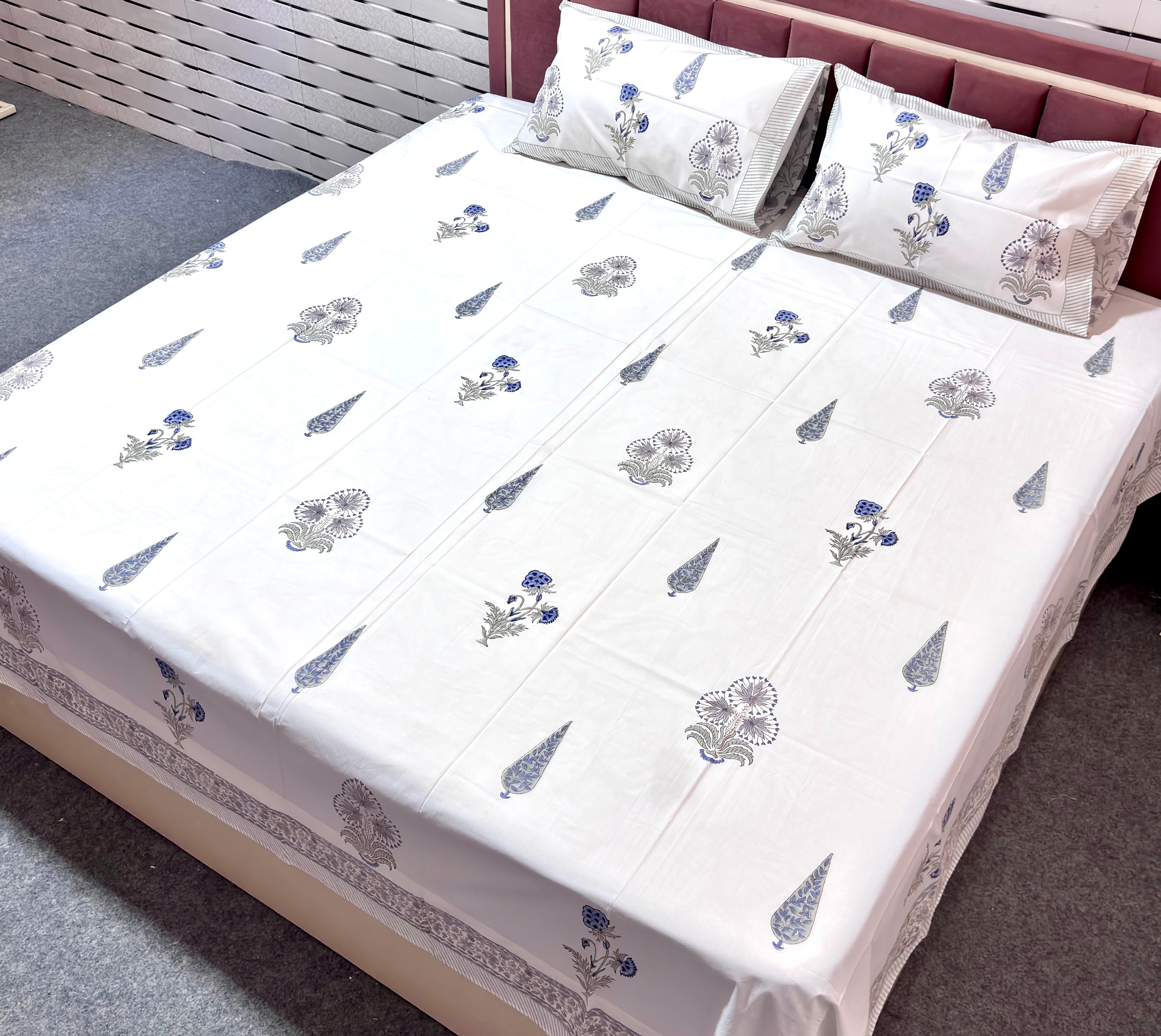 Hand Block Print Cotton Bedsheet Queen Size, Blue Floral Bedding Set, Handmade Indian Bed Linen, Luxury Bedroom Decor