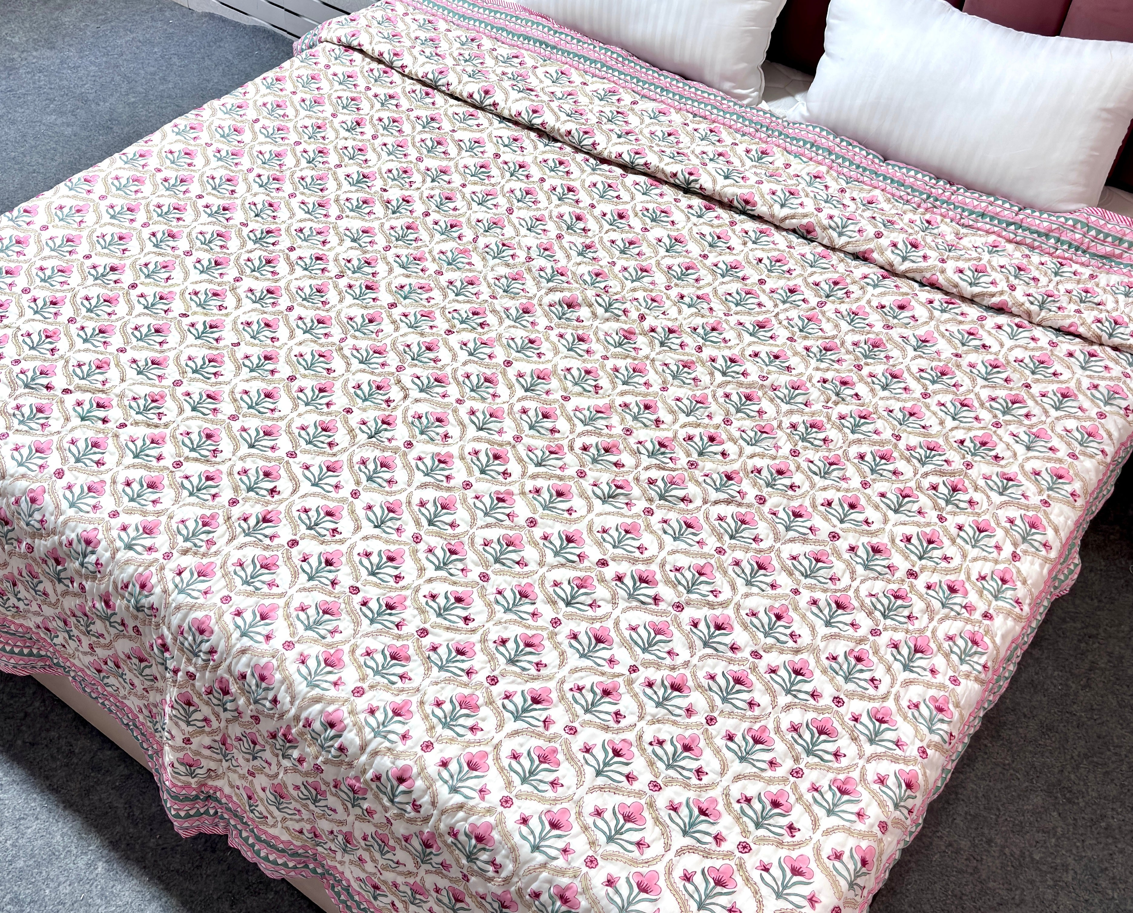 White Pink Floral Cotton Quilt | Hand Block Printed Reversible Quilt | Lightweight Summer Quilt | Handmade Cotton Bedding