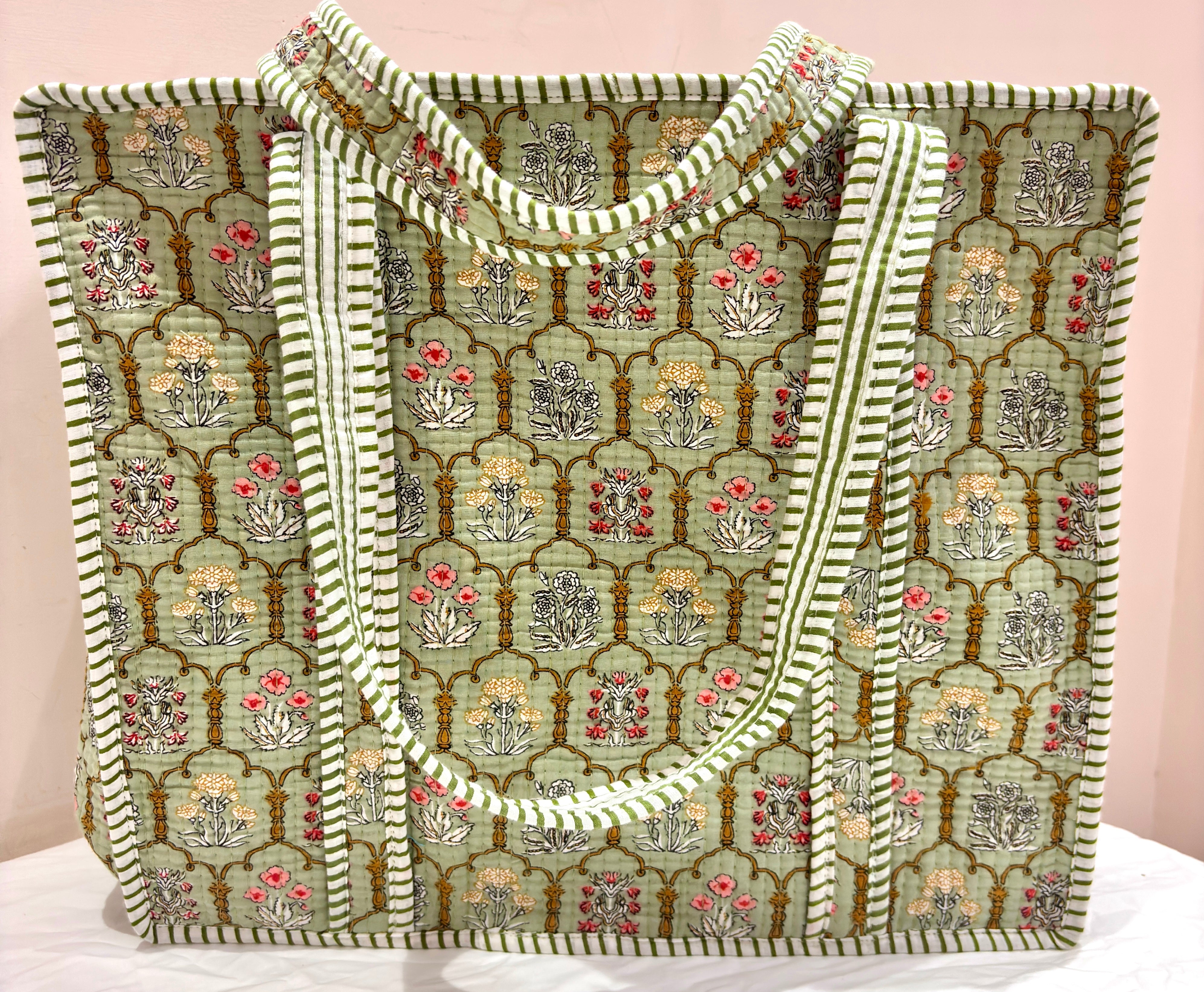 # Green Floral Print Tote Bag | Green Cotton Hand Block Printed Reusable Shopping Bag | Handmade Fabric Tote Bag