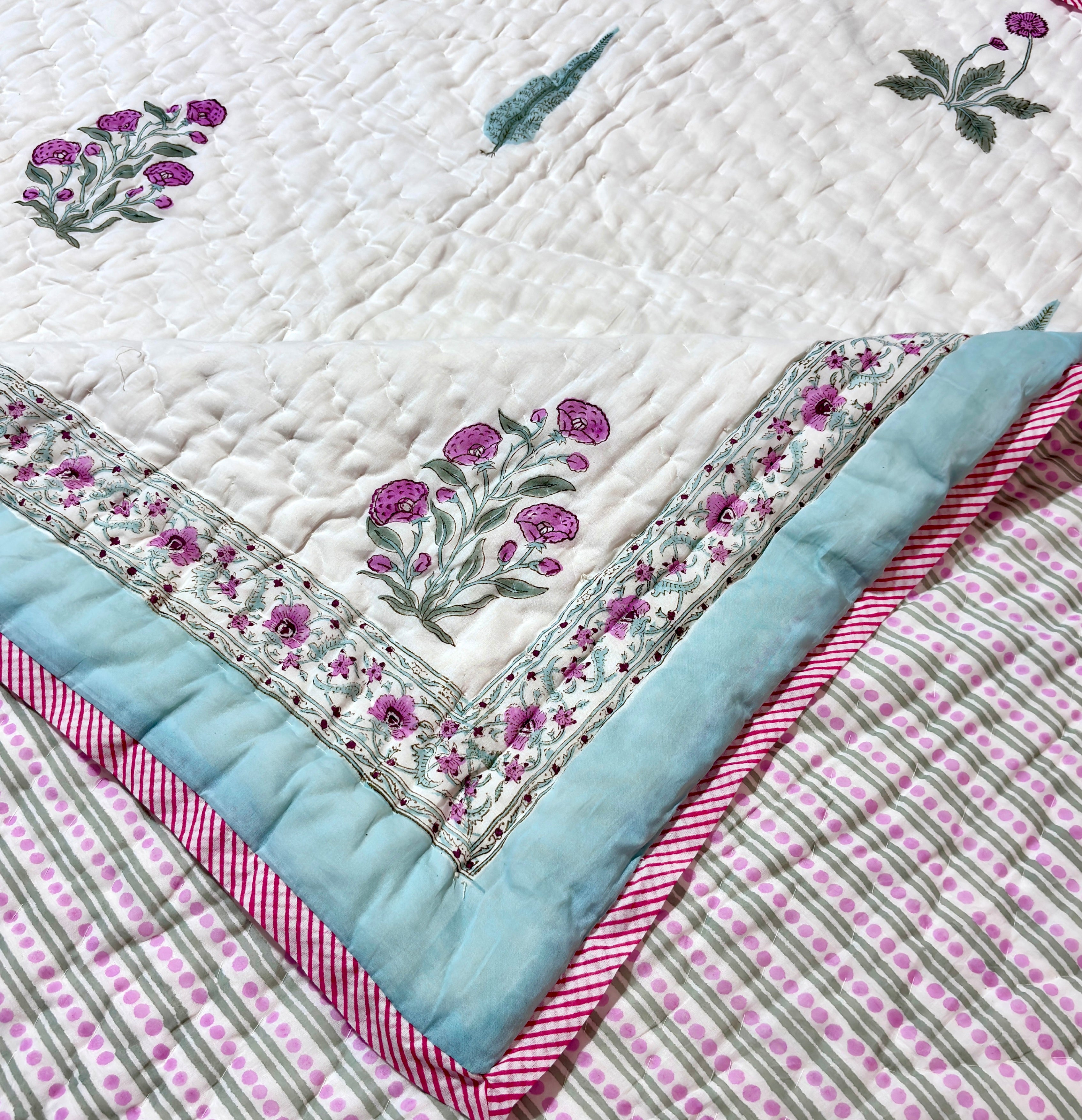 Floral Cotton Quilt | Quilted Bedspread | Hand Block Printed Handmade Quilt | Soft Lightweight Summer Beddin