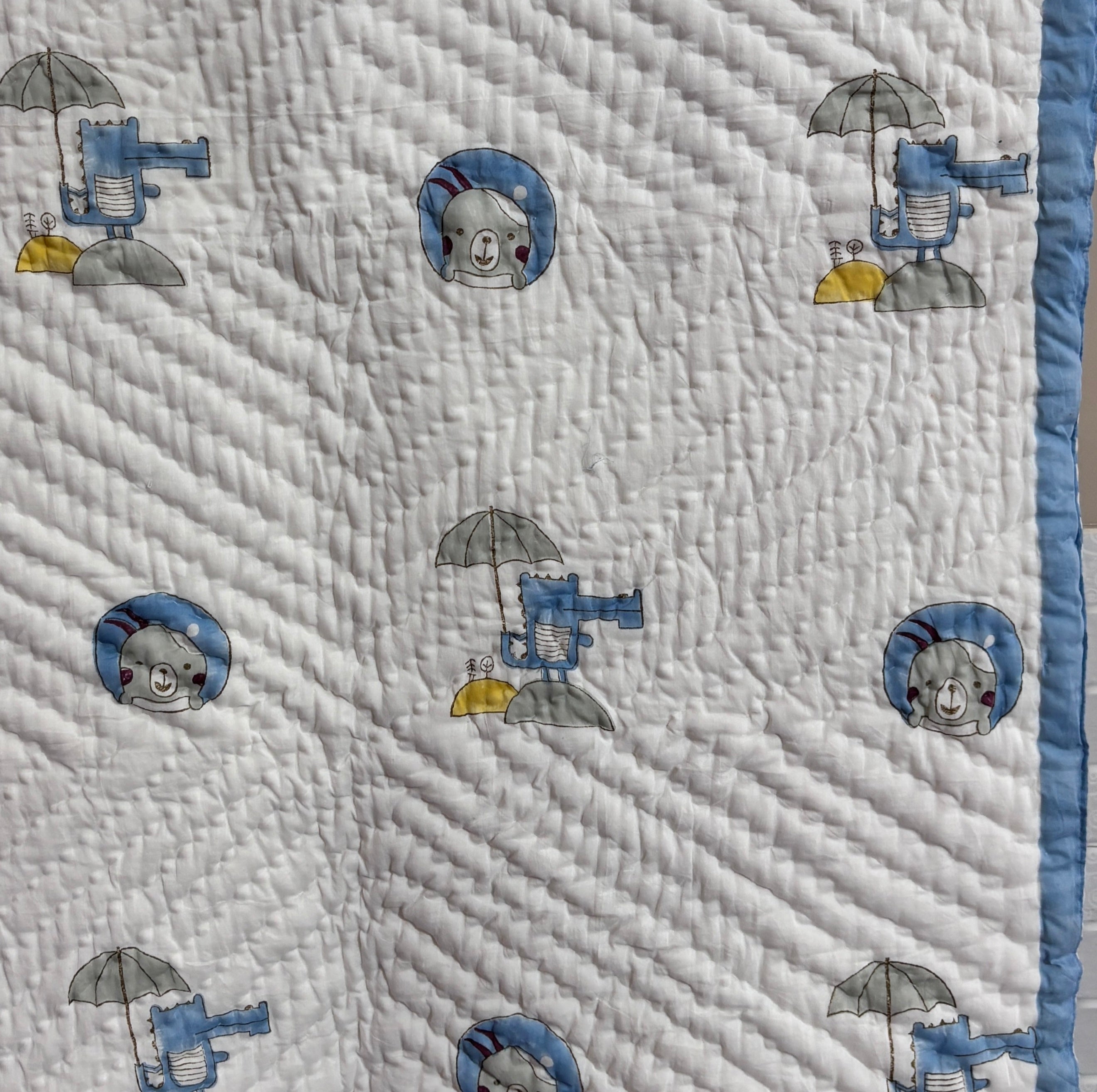 Hand Block Printed Baby Quilt | Airplane Cotton Baby Quilt | Handmade Reversible Baby Blanket | Soft Nursery Quilt