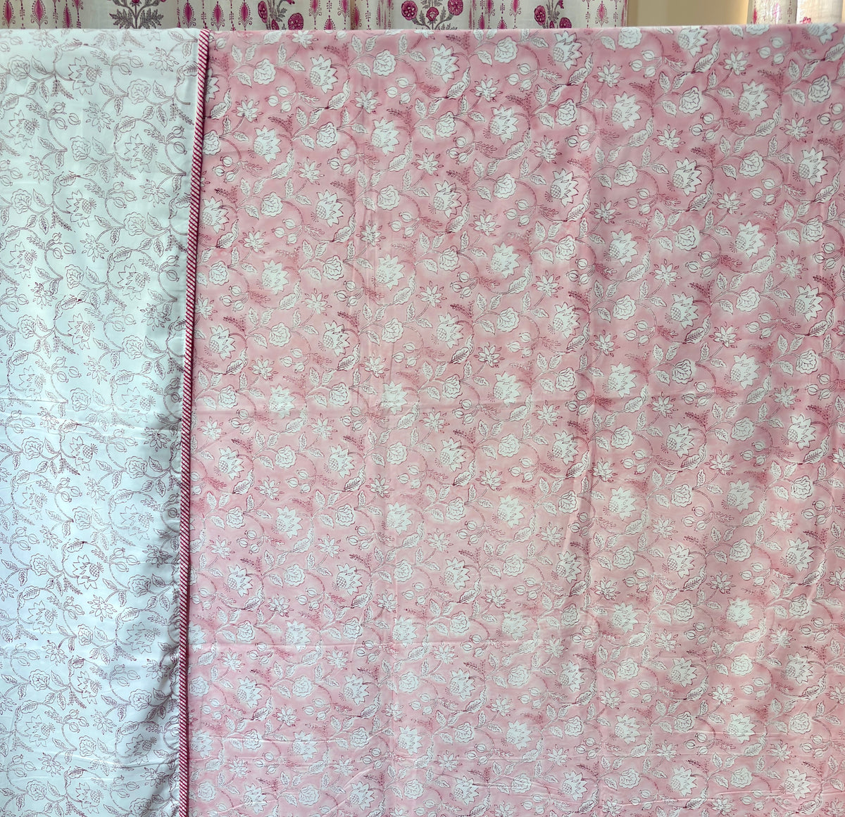 Pink Floral Cotton Dohar | Soft Printed Summer Blanket | Elegant Floral Double Bed Dohar | Lightweight Indian Bedding