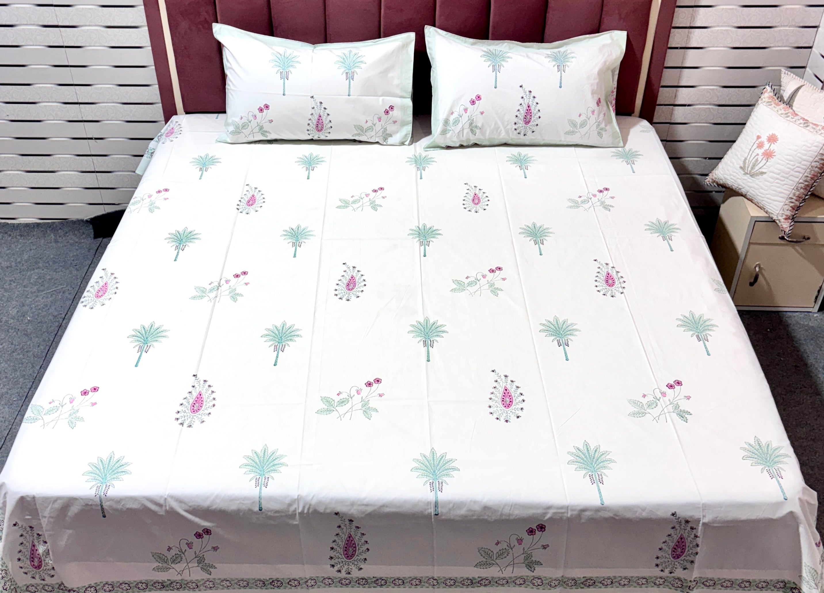 Hand Block Printed Cotton Bedsheet | Palm Tree & Paisley Print Bedsheet with Pillow Covers | Handmade Jaipur Double Bedsheet
