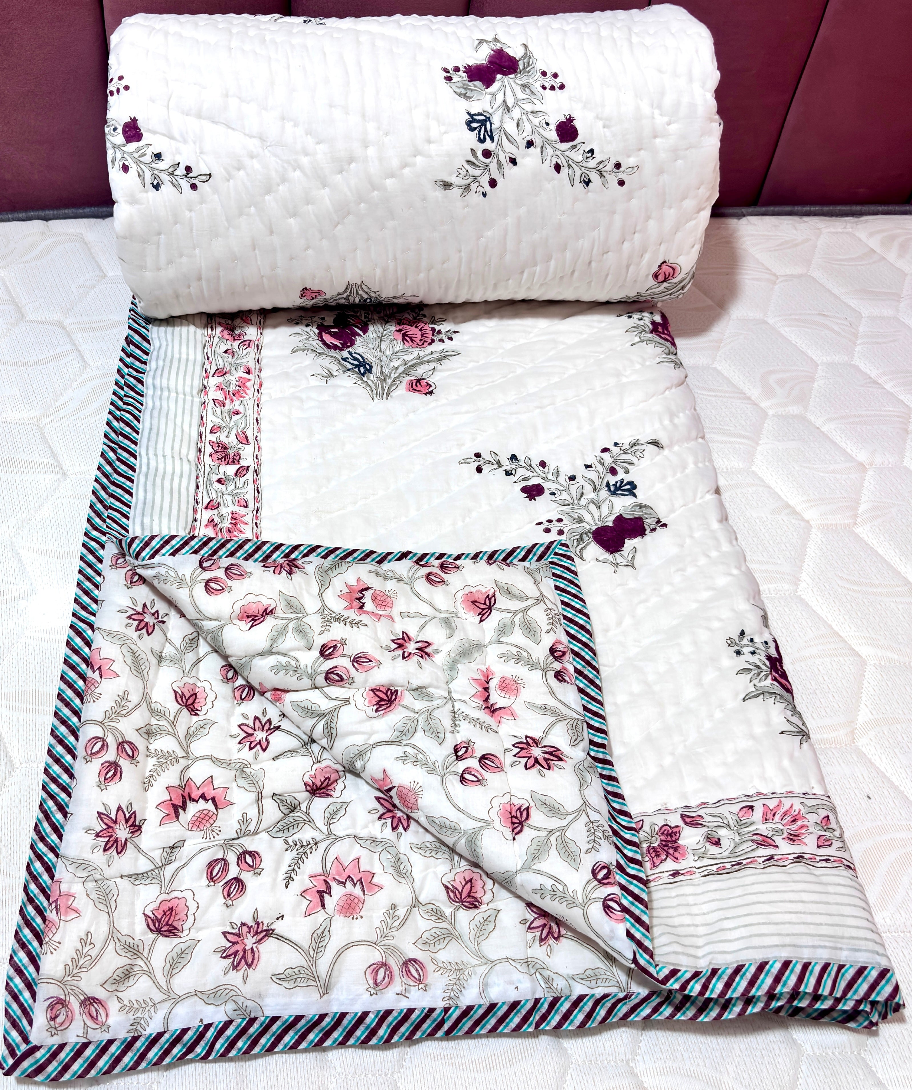 Floral Hand Block Print Quilt Queen Size Cotton Bedding | Soft Lightweight Kantha Quilt | Jaipur Handmade Bedspread