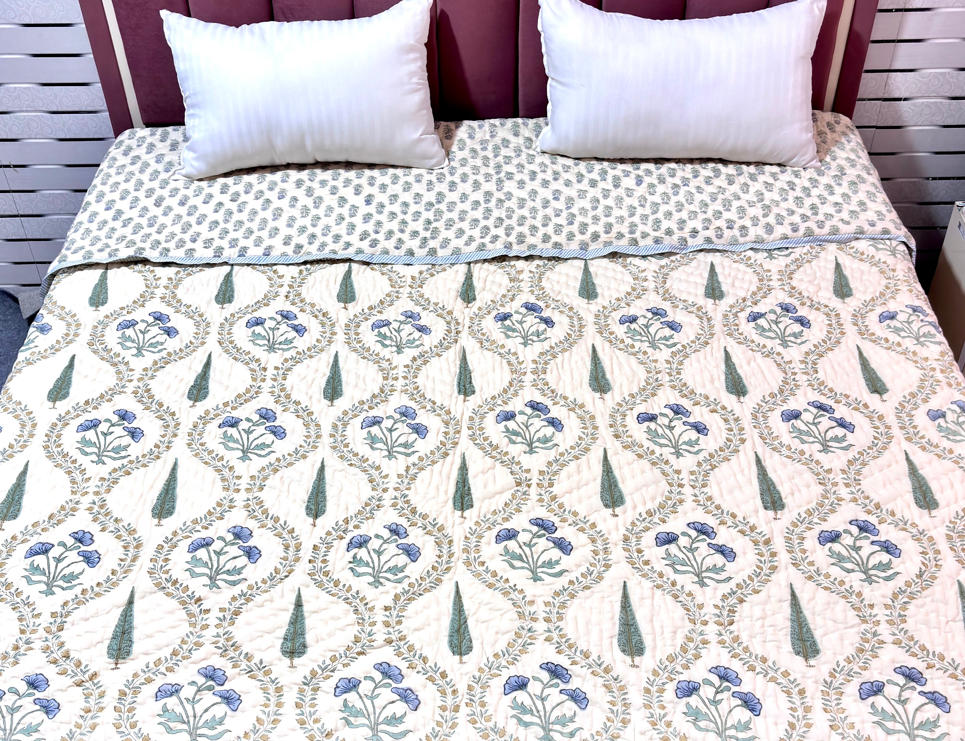 Blue Floral Cotton Quilt | Traditional Indian Flower Print Bed Quilt | Soft Cotton Bedspread | Handmade Bedding
