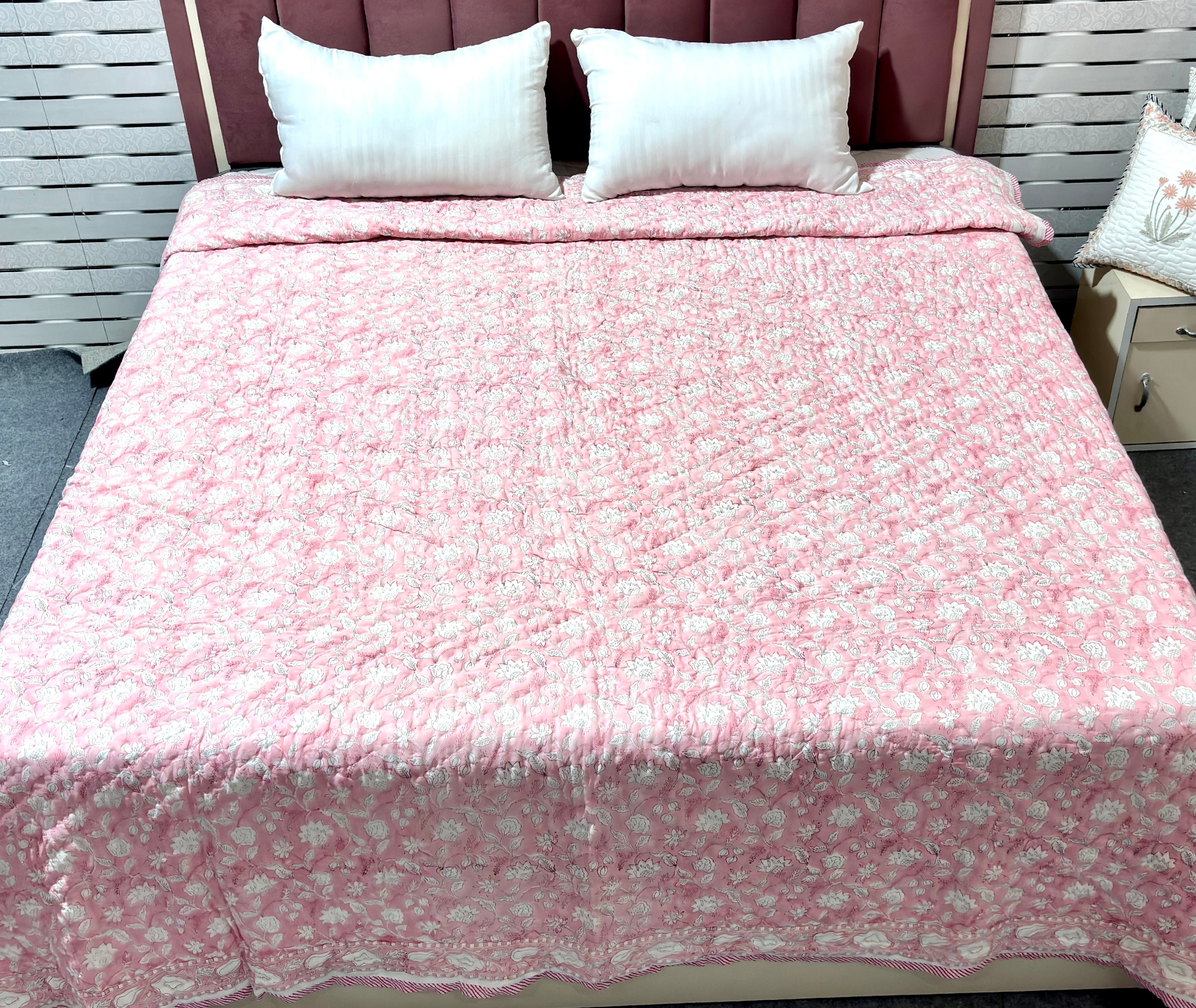Pink White Floral Cotton Quilt | Quilted Bedspread | Hand Block Printed Handmade Quilt | Soft Lightweight Summer Bedding