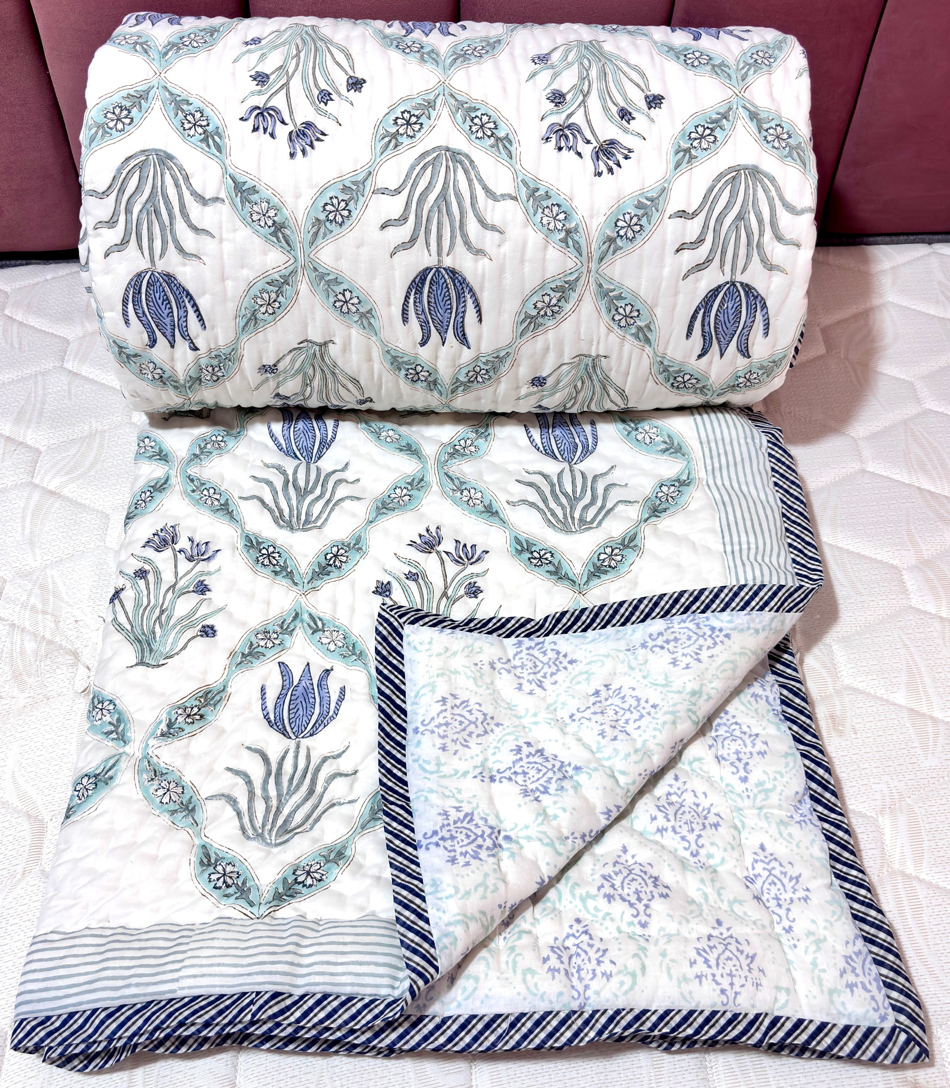 Blue Floral Hand Block Printed Cotton Quilt | Reversible Jaipuri Quilt | Soft Lightweight Bedspread for All Seasons