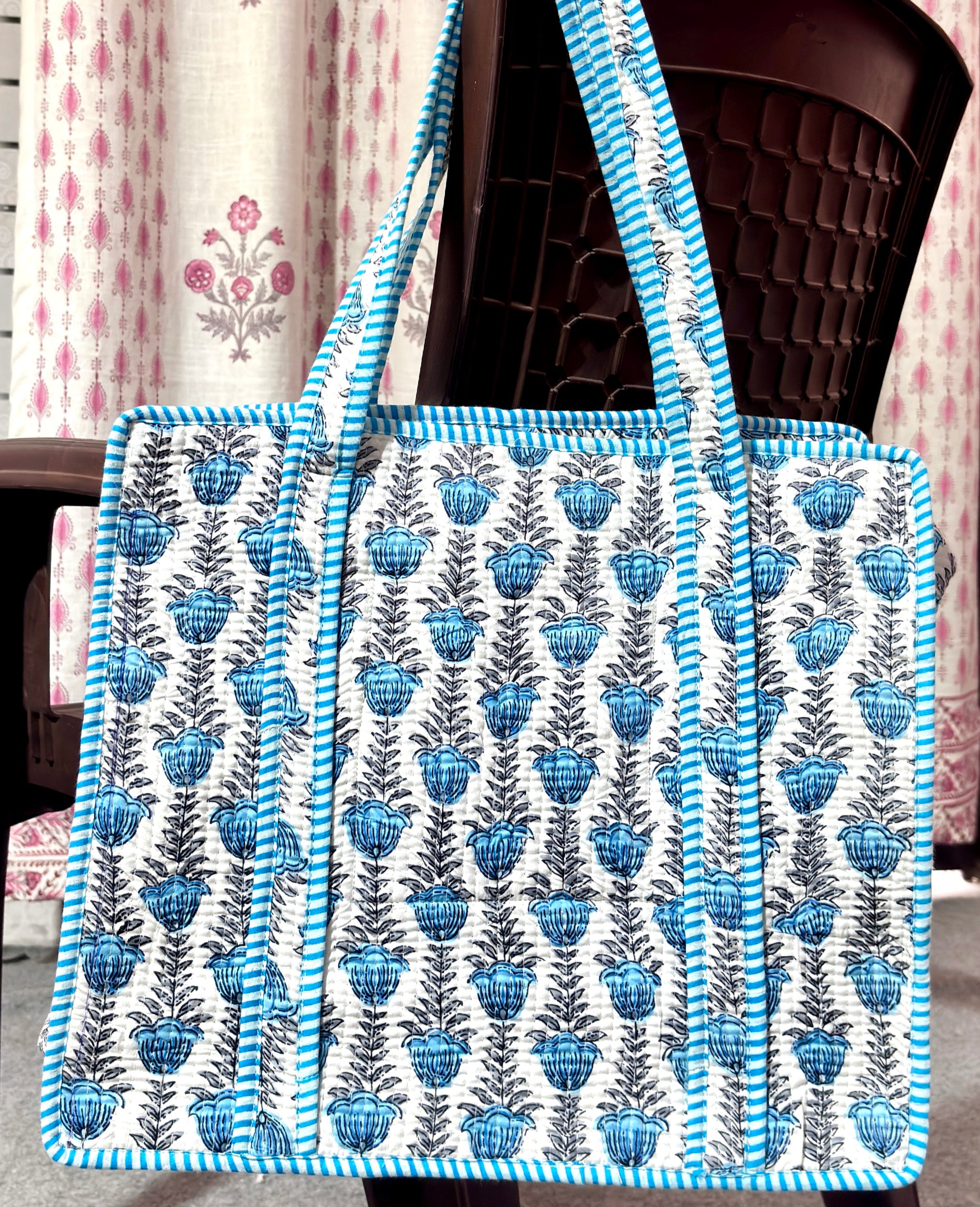 Hand Block Print Quilted Cotton Tote Bag, Handmade Indian Floral Shoulder Bag, Reusable Shopping Bag, Travel Beach Tote, Gift for Her