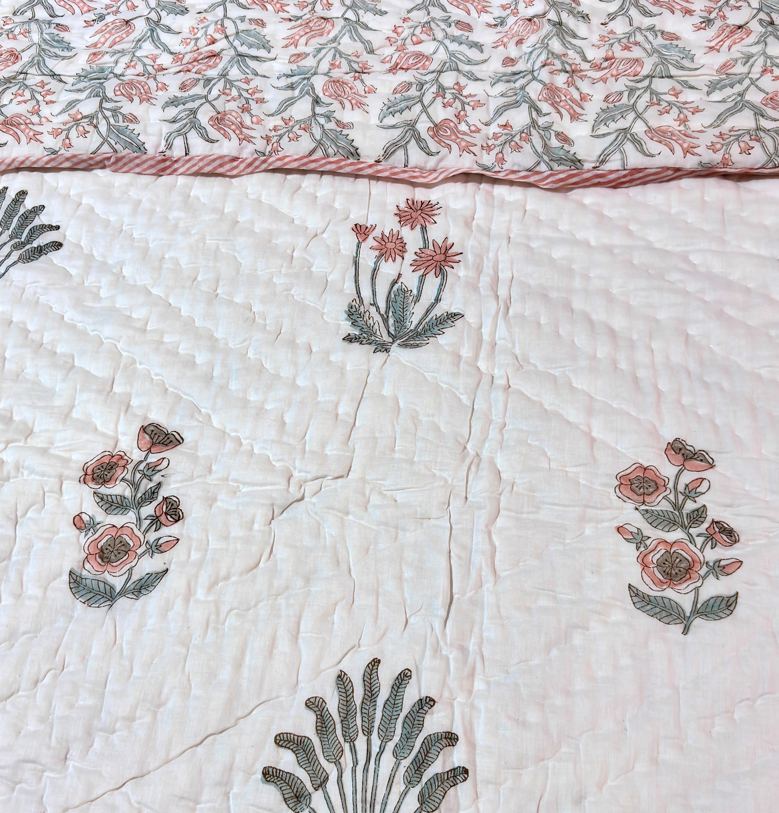 Floral Hand Block Printed Cotton Quilt | White Peach Flower Bed Quilt | Handmade Indian Cotton Bedspread