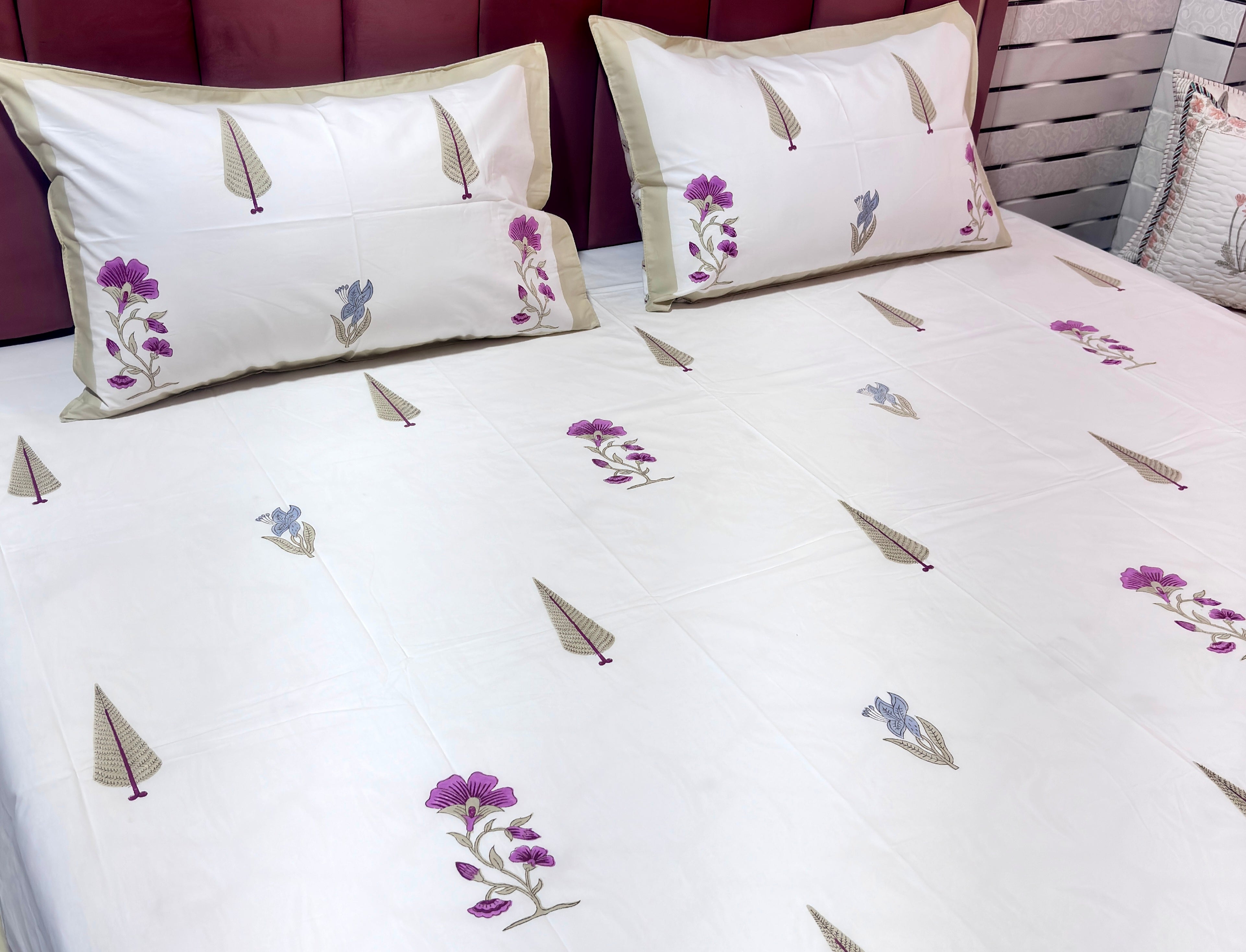 White Floral Cotton Bedsheet | Purple & Blue Flower Printed Bed Sheet | Elegant Indian Floral Bedding