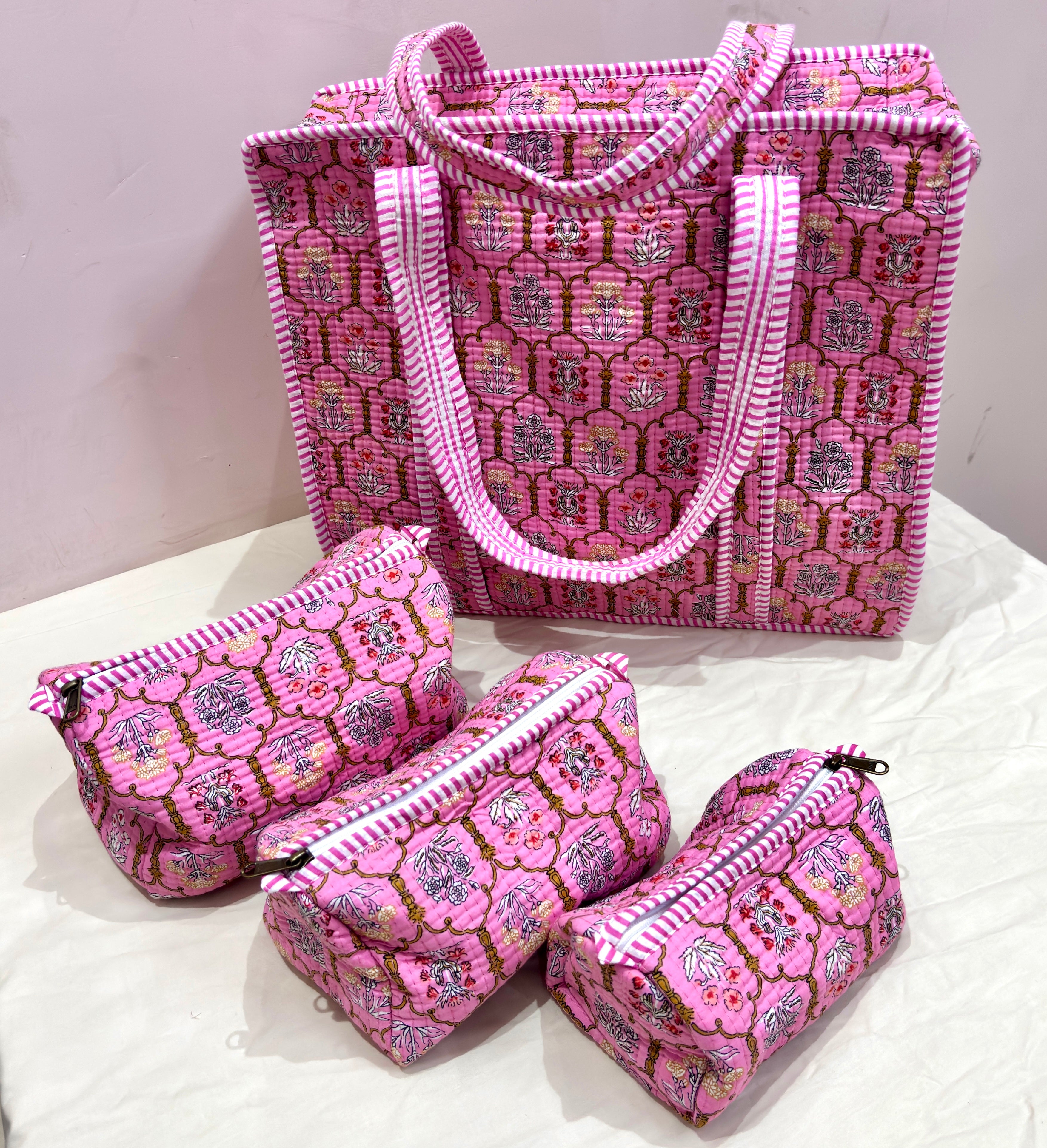 Pink geometric pattern tote bag set