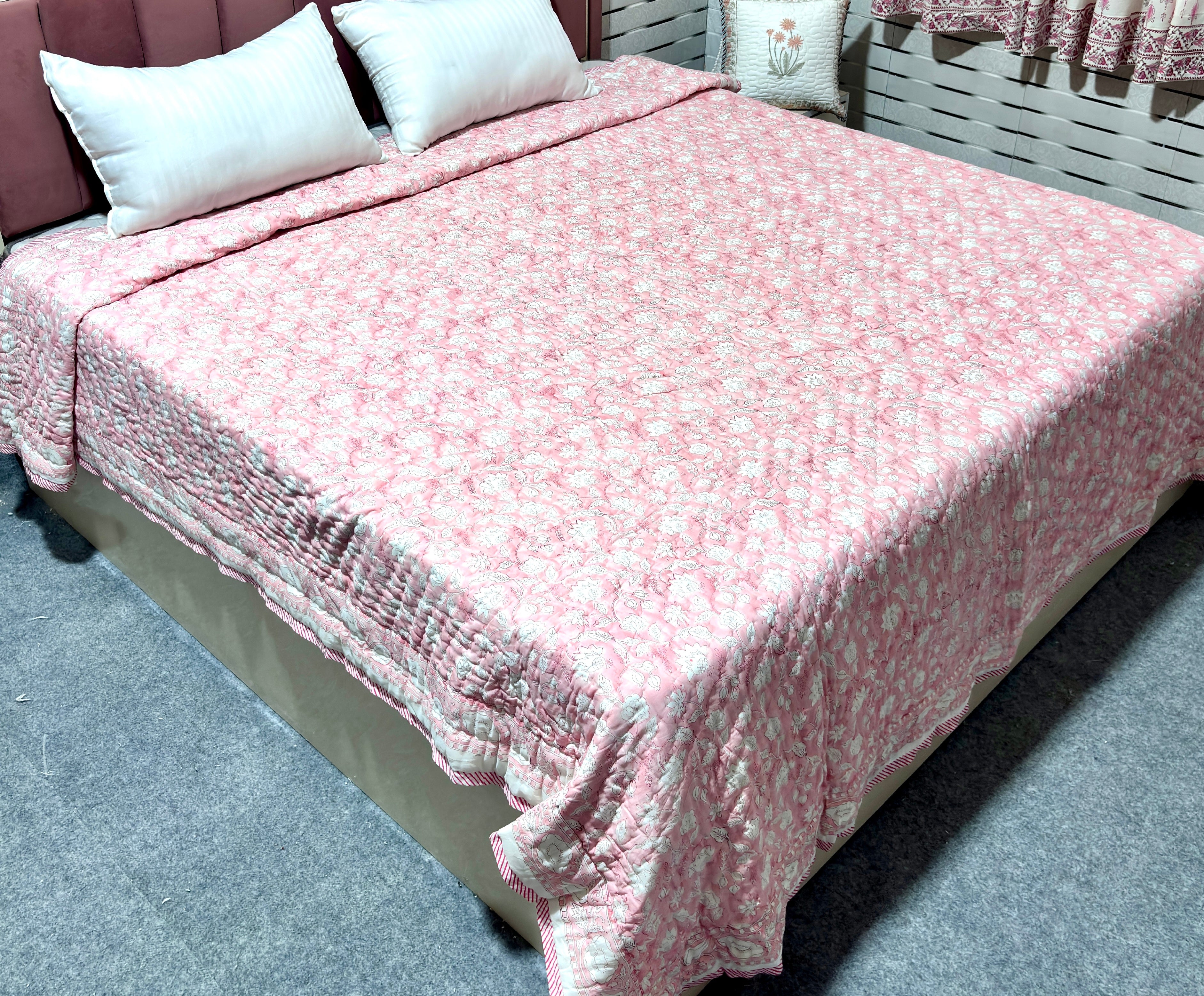 Pink White Floral Cotton Quilt | Quilted Bedspread | Hand Block Printed Handmade Quilt | Soft Lightweight Summer Bedding
