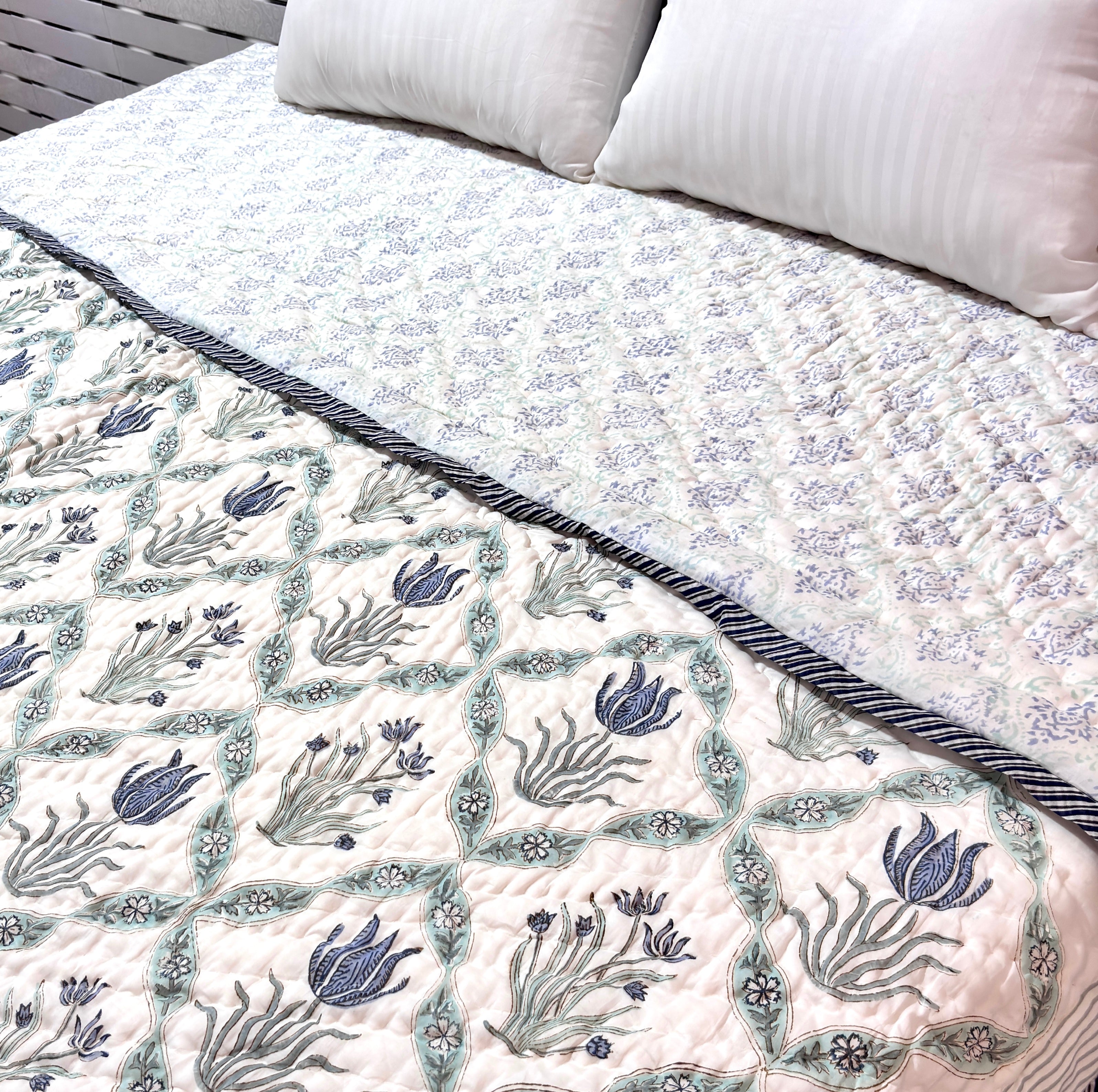 Blue Floral Hand Block Printed Cotton Quilt | Reversible Jaipuri Quilt | Soft Lightweight Bedspread for All Seasons
