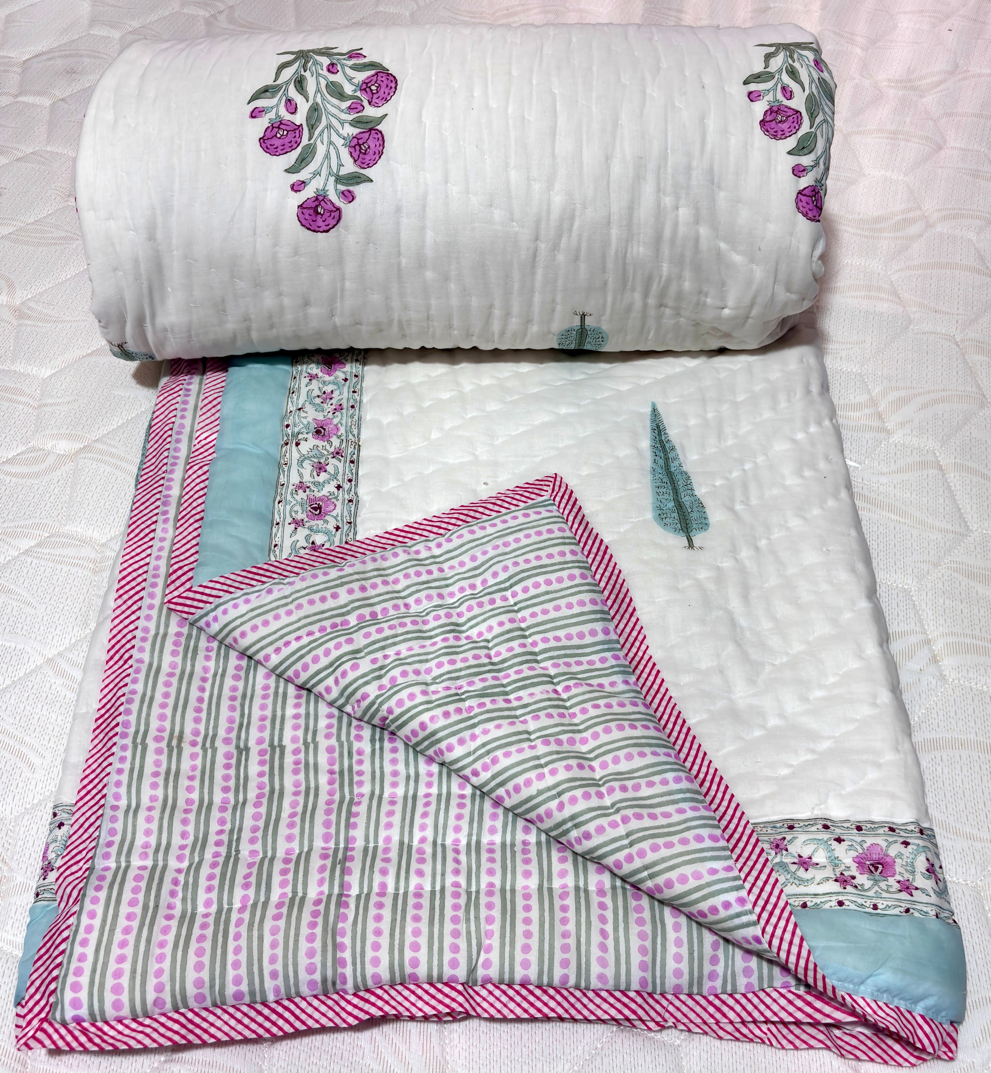 Floral Cotton Quilt | Quilted Bedspread | Hand Block Printed Handmade Quilt | Soft Lightweight Summer Beddin