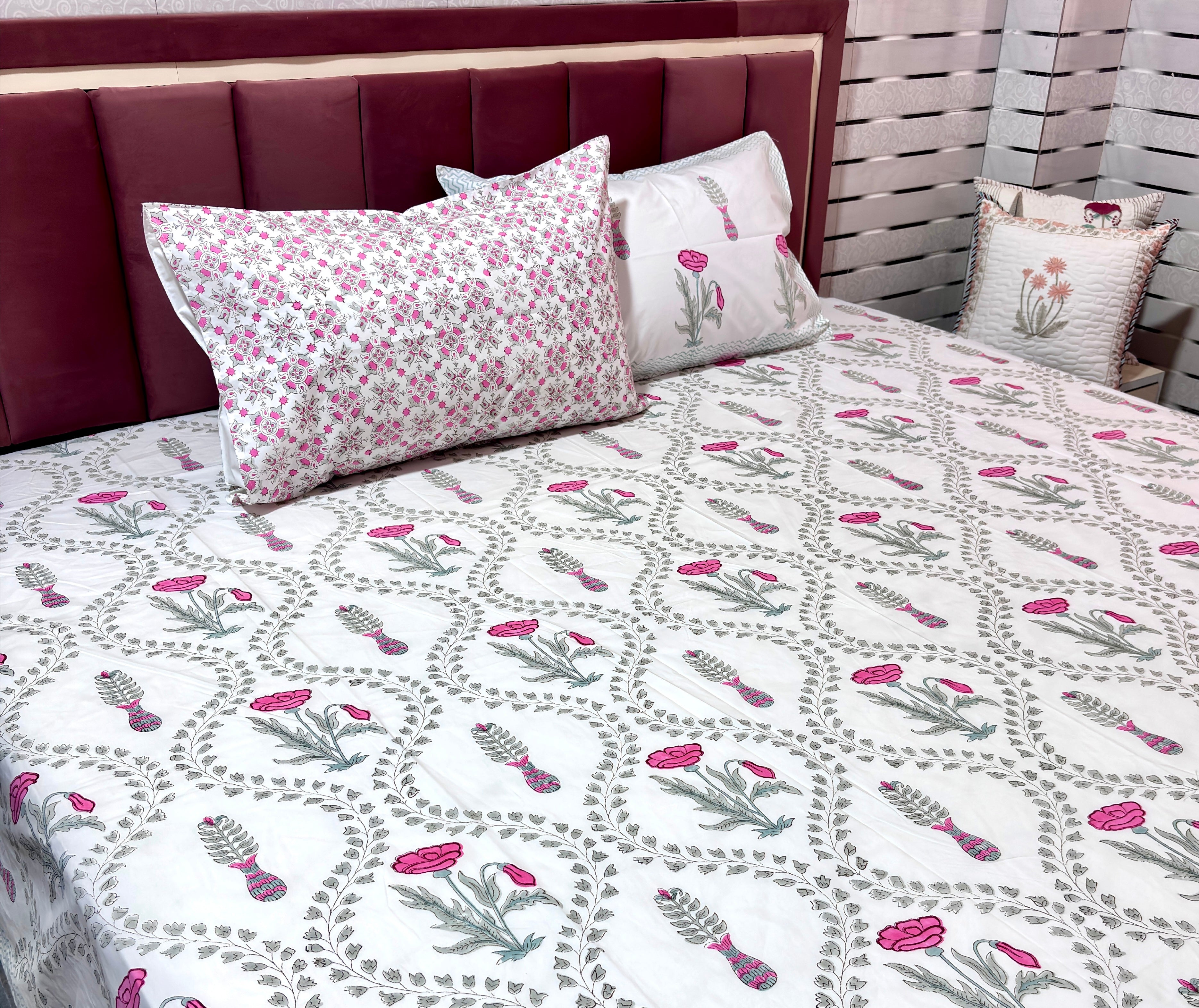 Hand Block Printed Cotton Bedsheet | Floral Pink & Grey Double Bedsheet | 108 x 108 Inch