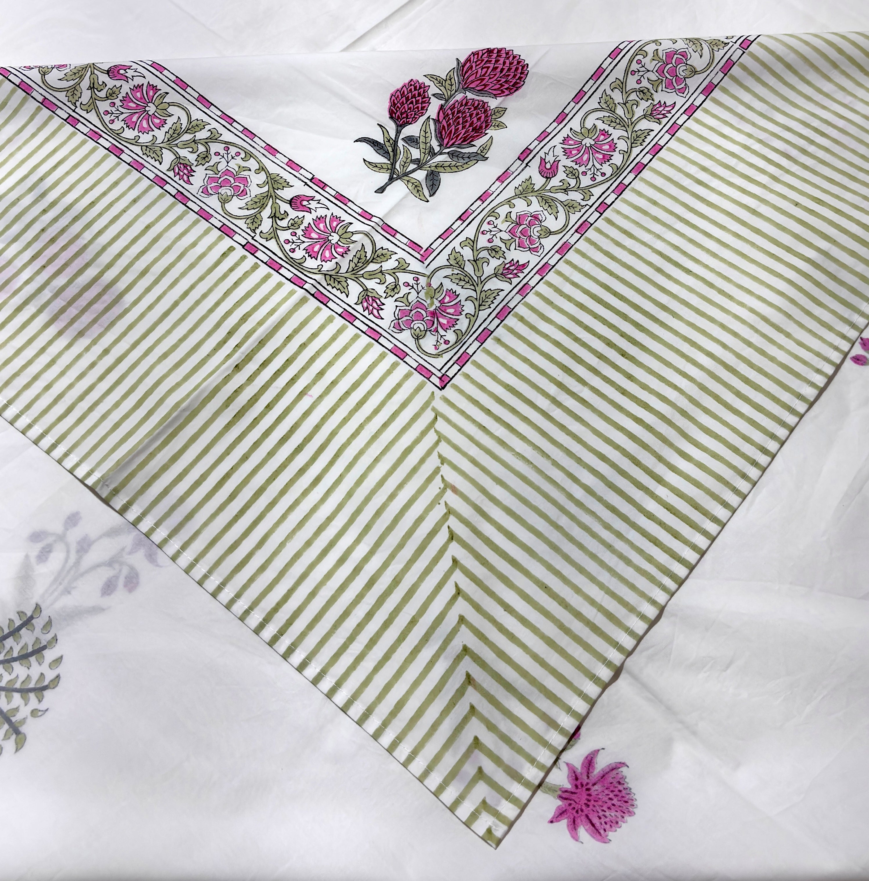 White Floral Cotton Bedsheet | Pink Flower & Green Botanical Printed Double Bed Sheet | Elegant Indian Floral Bedding | King Size