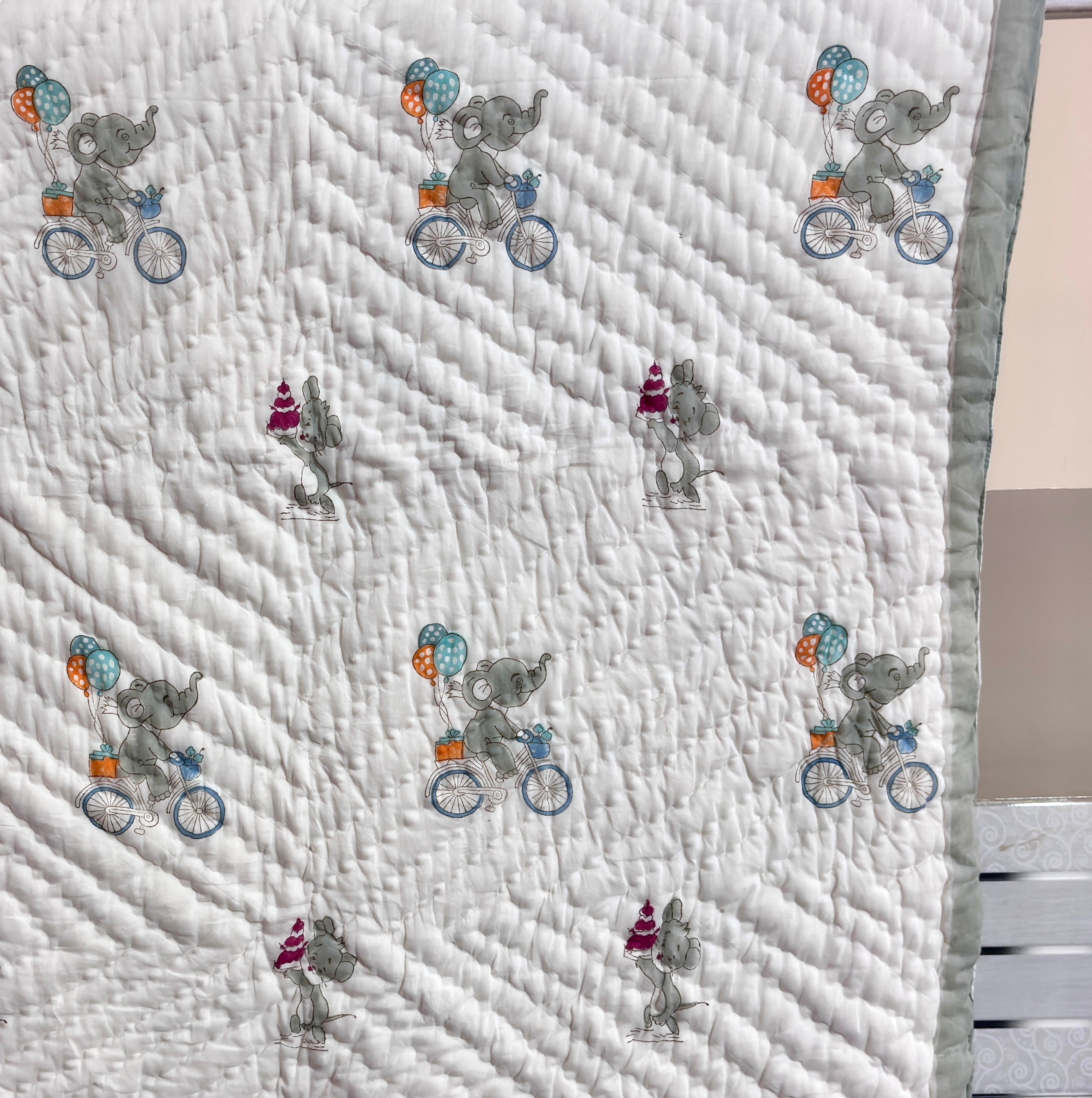 Hand Block Printed Baby Quilt | Cute Elephant & Bird Cotton Baby Blanket | Handmade Reversible Kids Quilt | Soft Toddler Bedding | Nursery Quilt