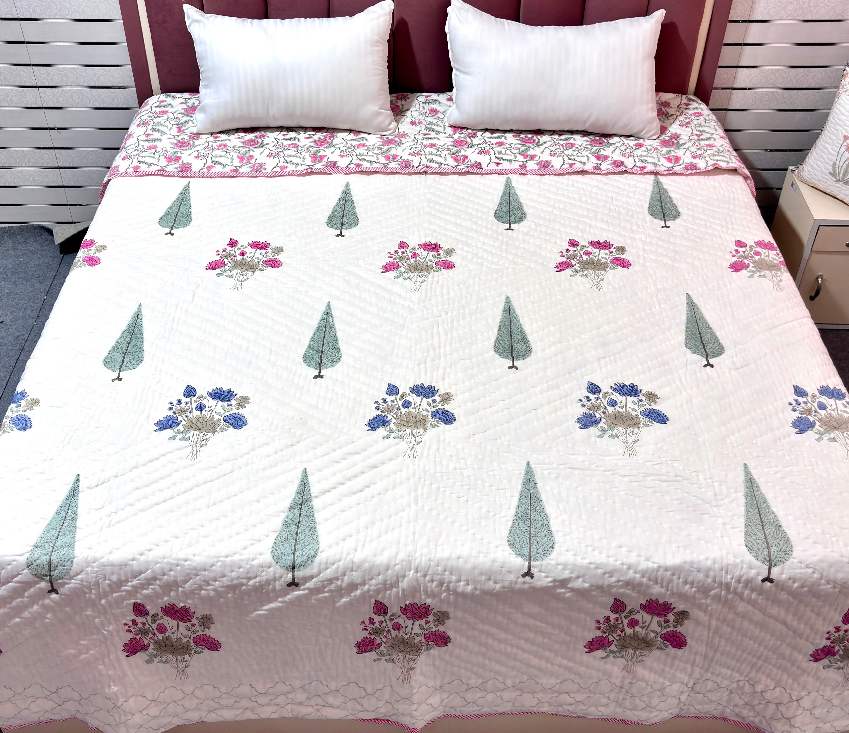 Pink Floral Cotton Quilt | Handmade Indian Block Print Bed Quilt | Soft Quilted Bedspread | Reversible Cotton Bedding