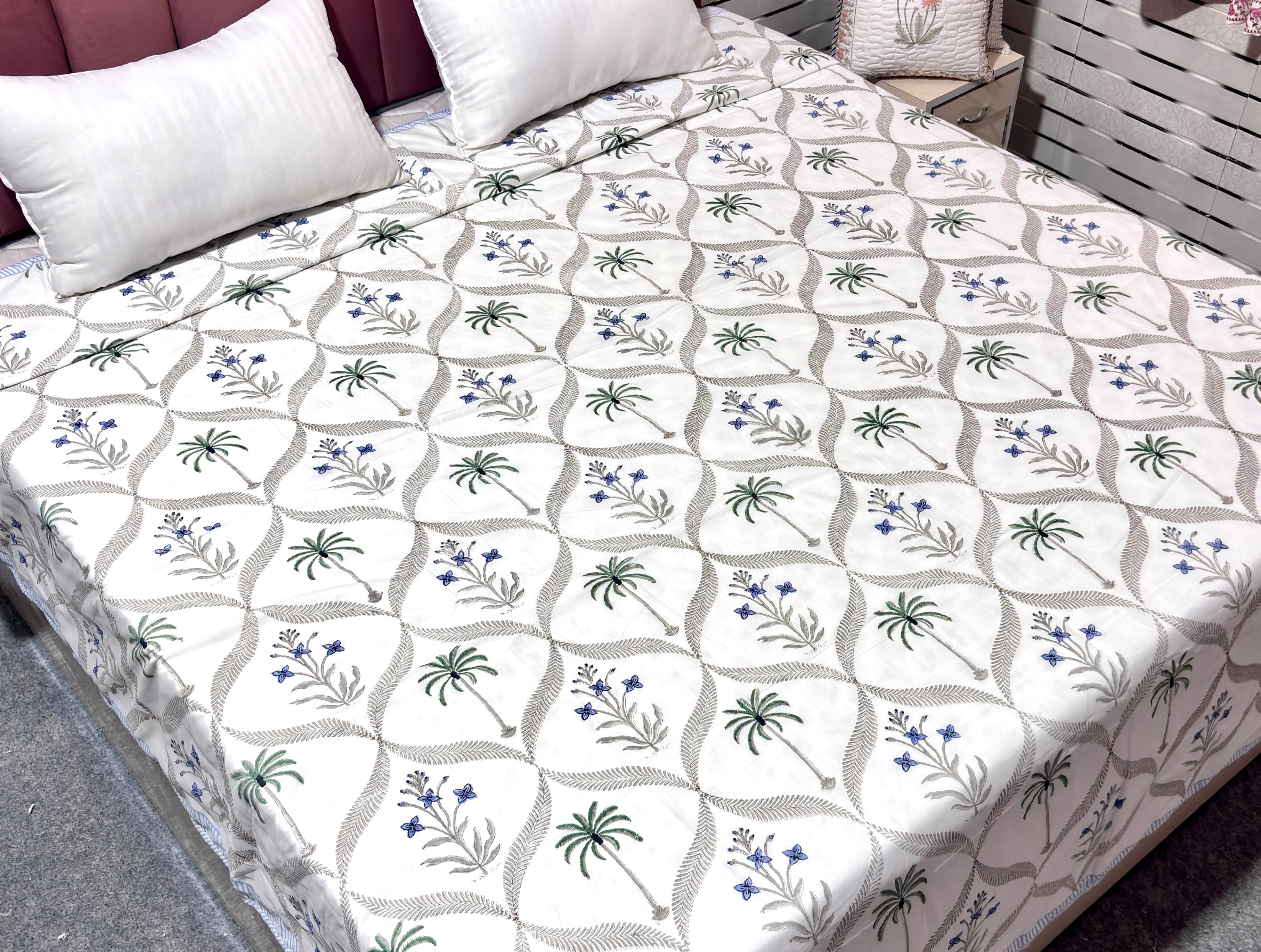 White Blue Floral Cotton Dohar | Hand Block Printed Jaipuri Dohar | Soft Lightweight Summer AC Blanket | Handmade Cotton Bedding