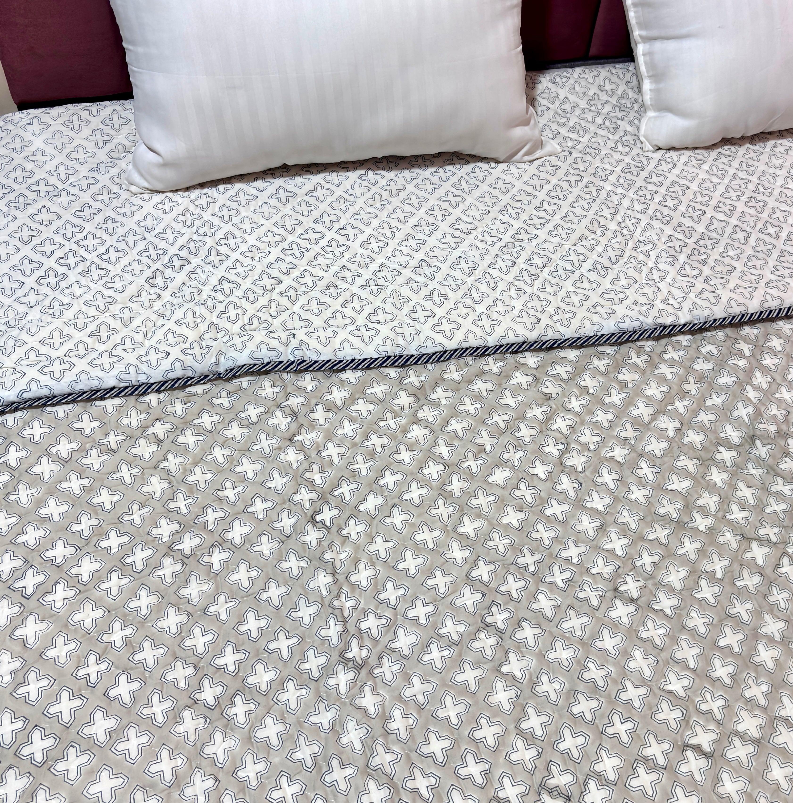 White Grey Geometric Cotton Quilt | Handmade Indian Bed Quilt | Soft Quilted Bedspread | Reversible Cotton Bedding
