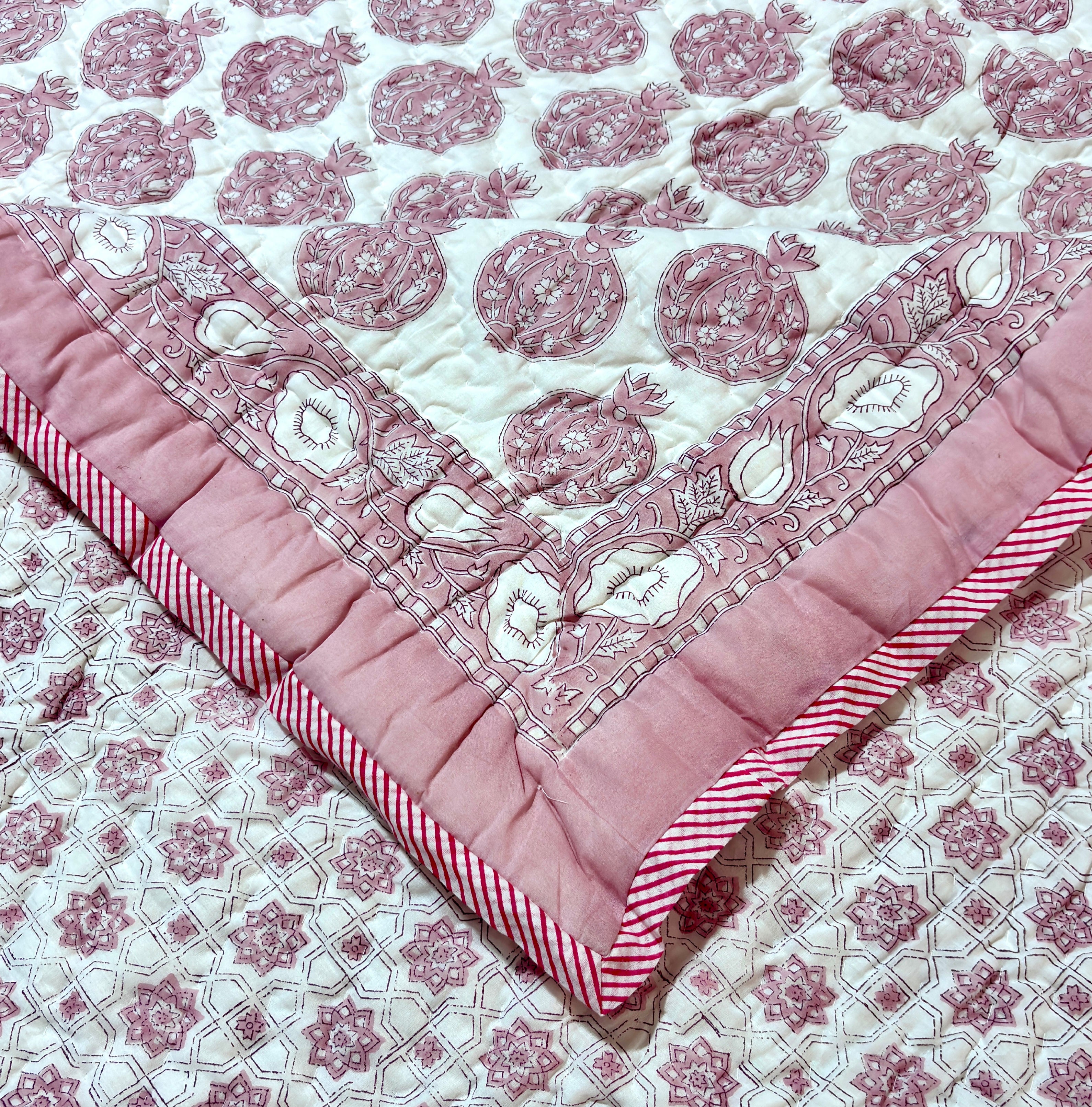 Pink Floral Block Print Cotton Quilt | Handmade Reversible Bed Quilt | Soft Quilted Bedspread | Indian Handcrafted Bedding