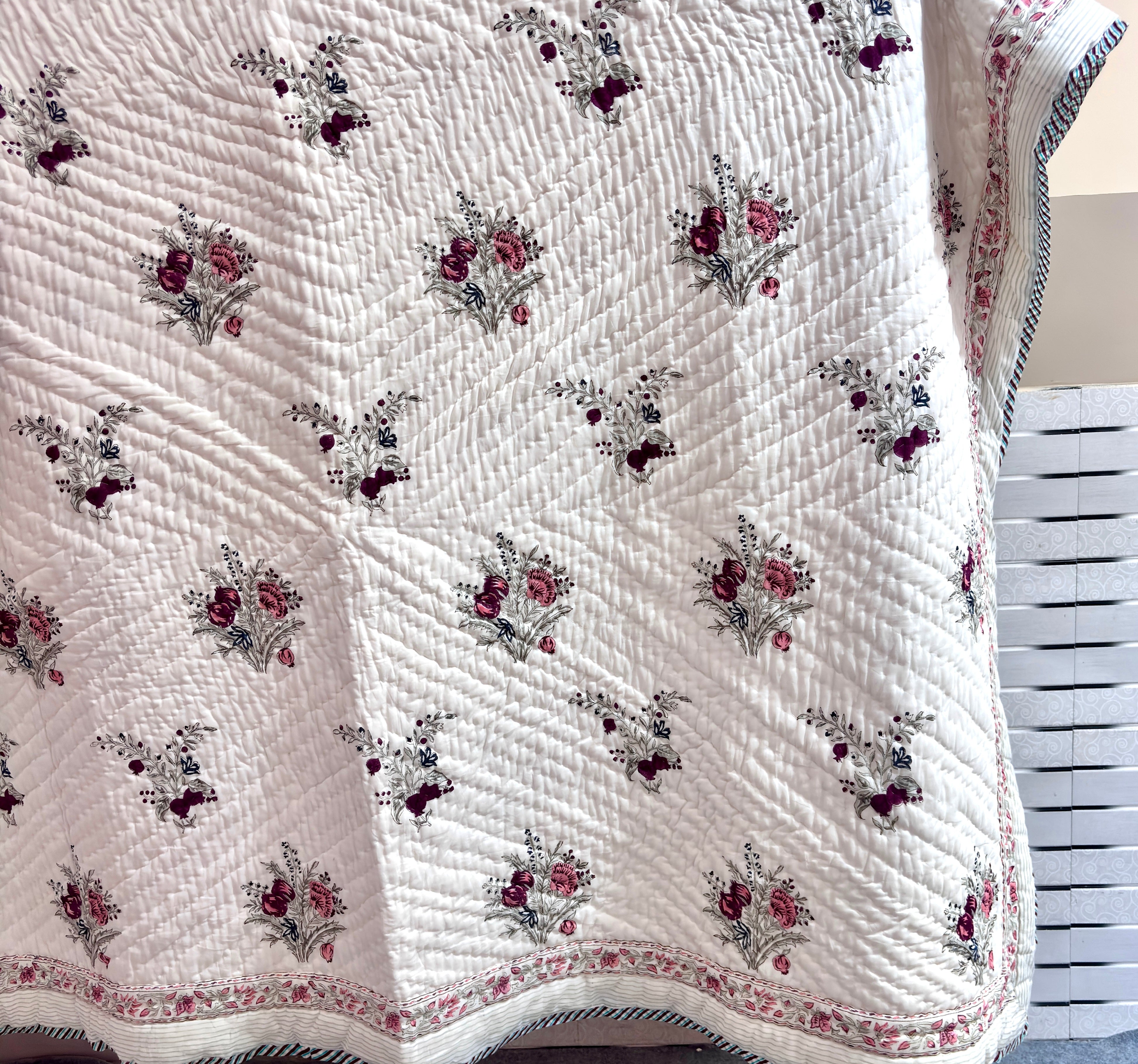 Floral Hand Block Print Quilt Queen Size Cotton Bedding | Soft Lightweight Kantha Quilt | Jaipur Handmade Bedspread