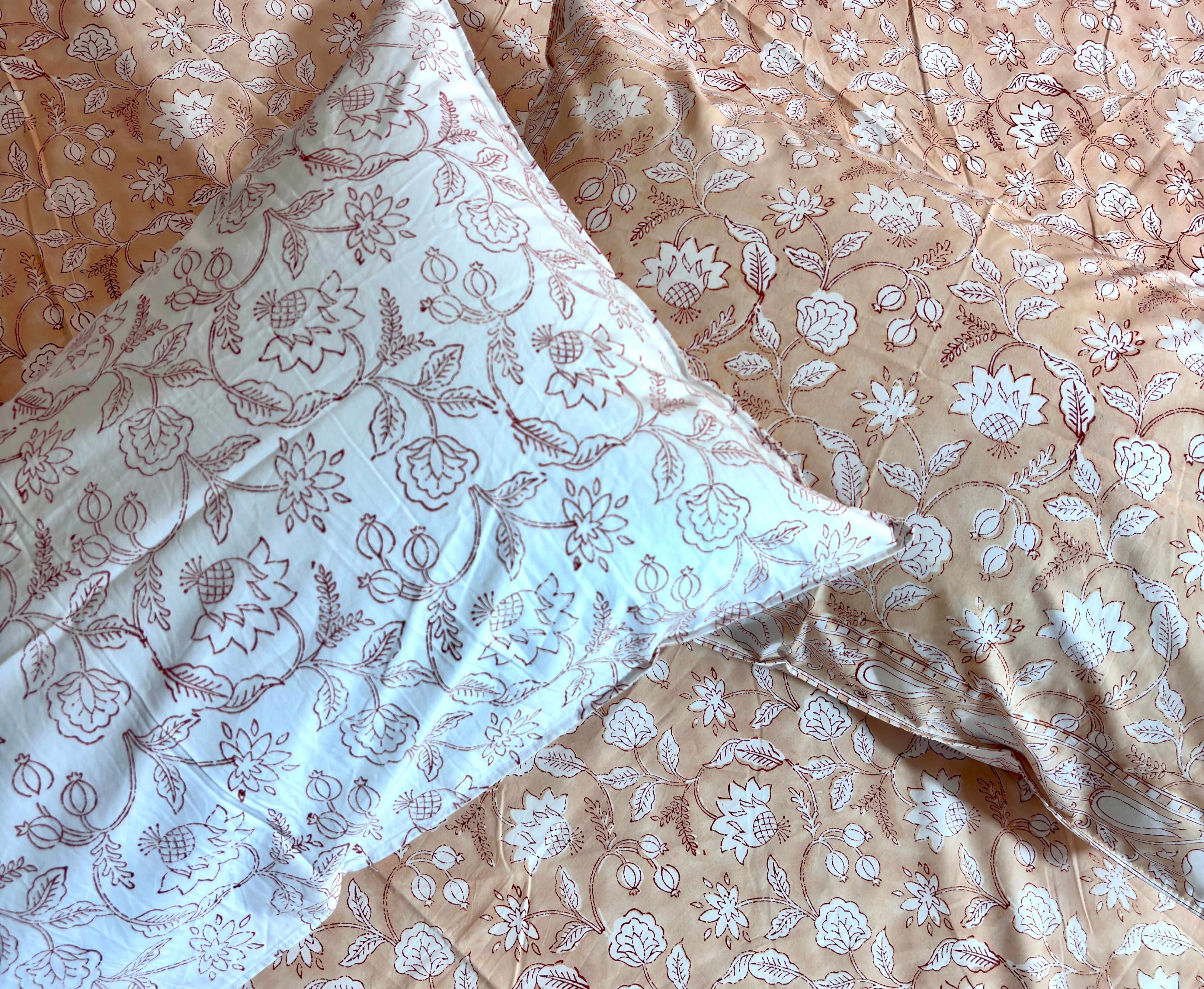 Floral Hand Block Print Cotton Bedsheet King Size | Peach Beige Bedding Set with Pillow Covers | Jaipur Handmade Bedsheet