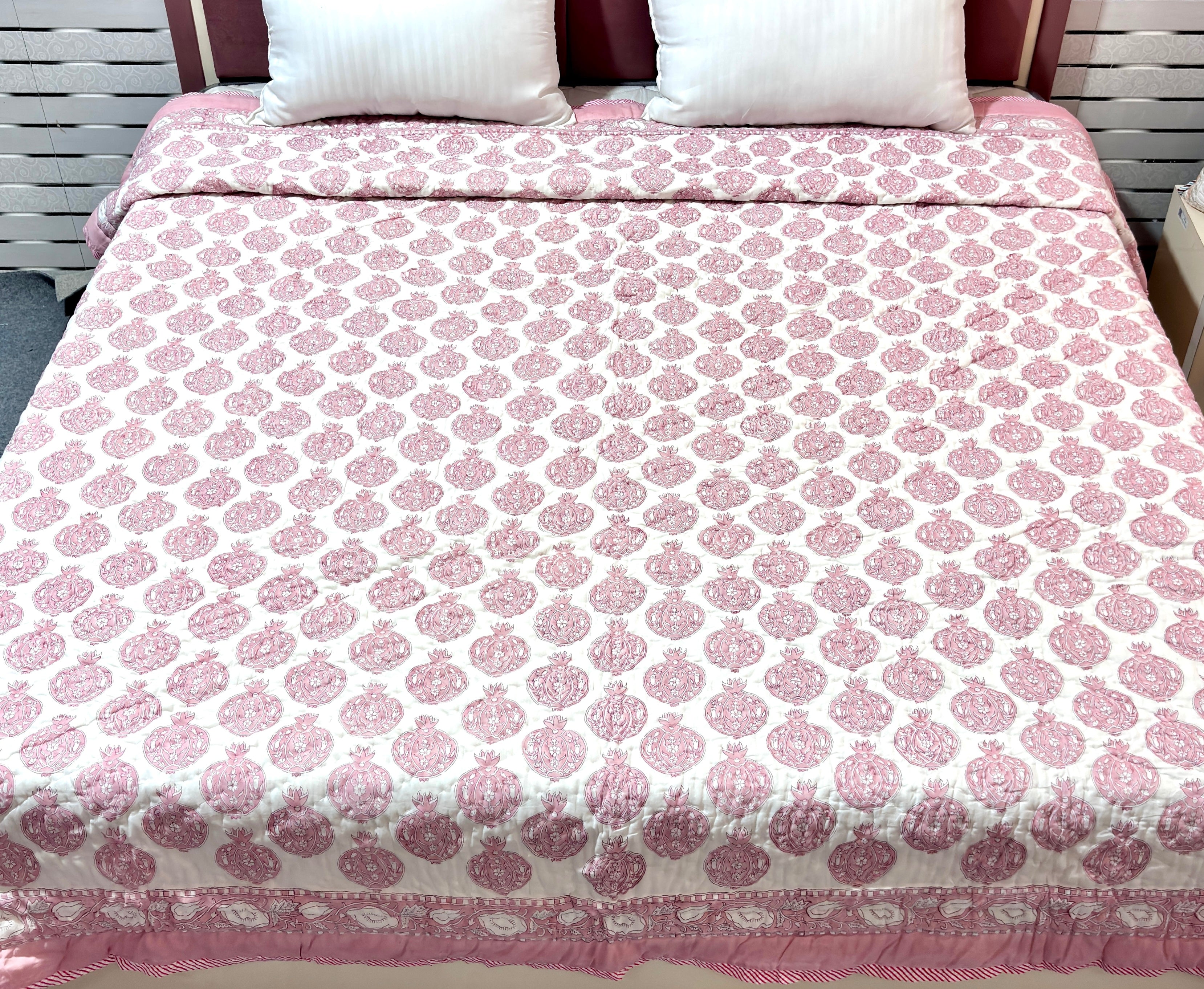 Pink Floral Block Print Cotton Quilt | Handmade Reversible Bed Quilt | Soft Quilted Bedspread | Indian Handcrafted Bedding