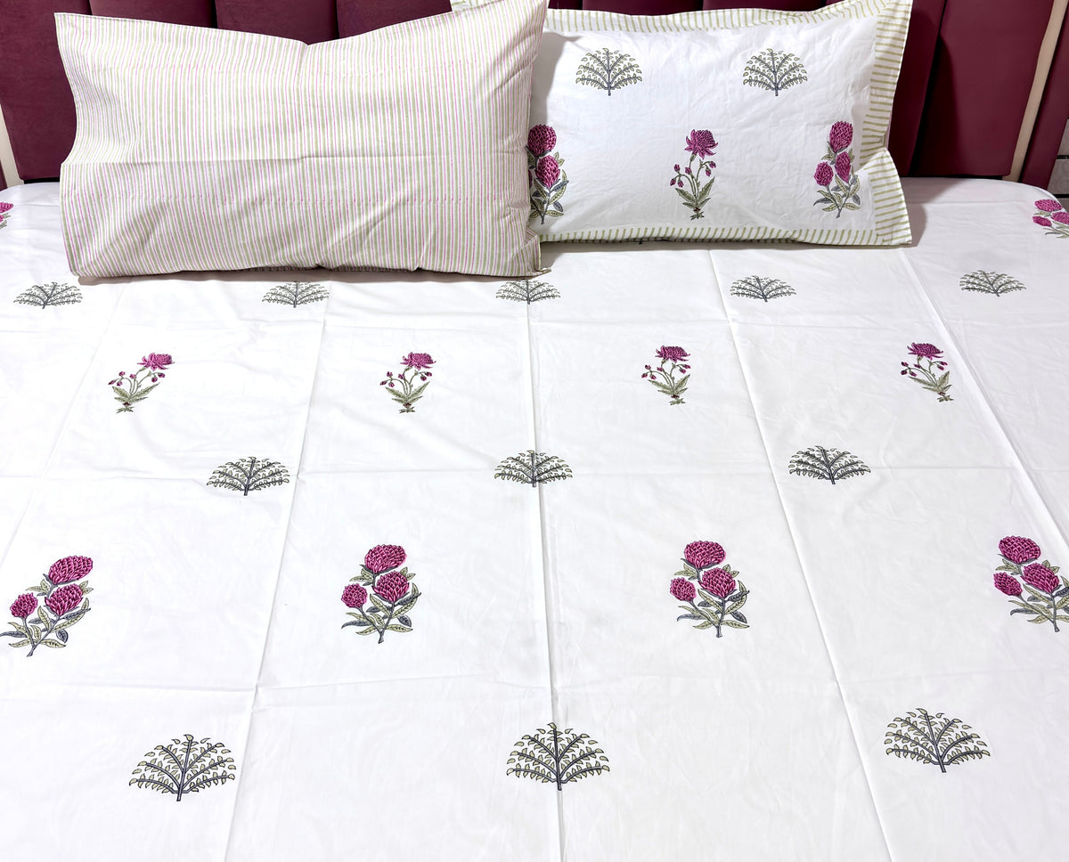 White Floral Cotton Bedsheet | Pink Flower & Green Botanical Printed Double Bed Sheet | Elegant Indian Floral Bedding | King Size