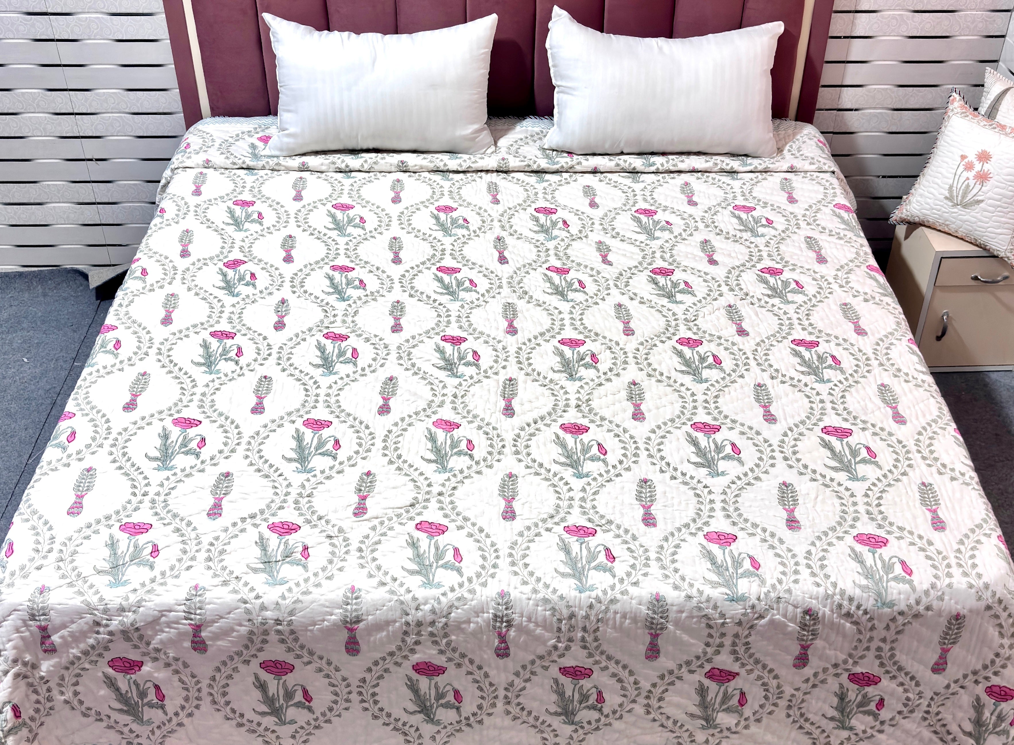 Pink Jal Floral Cotton Quilt | Quilted Bedspread | Hand Block Printed Handmade Quilt | Soft Lightweight Summer Bedding