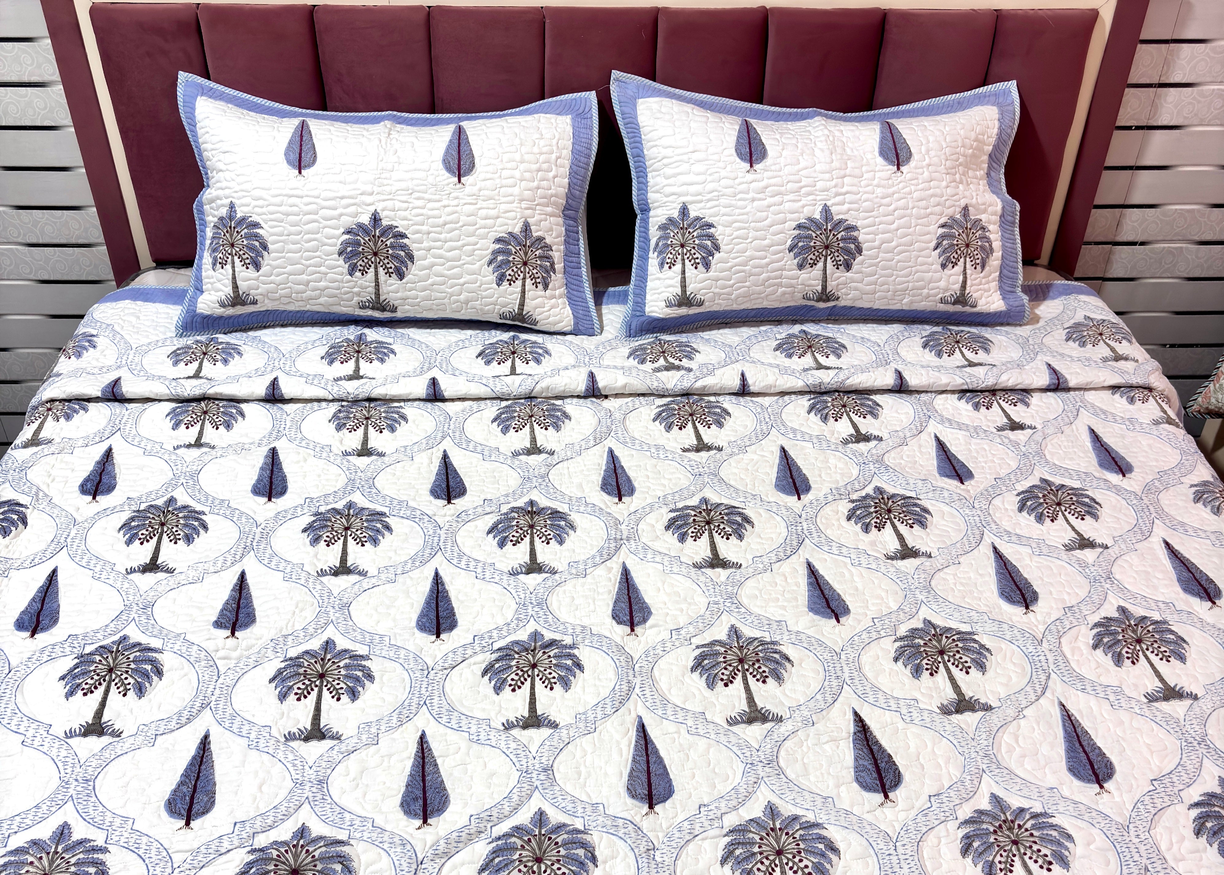 White Blue Palm Tree Quilted Bedcover | Cotton Bedspread | Hand Block Printed Handmade Bed Cover | Paisley Floral Bedding