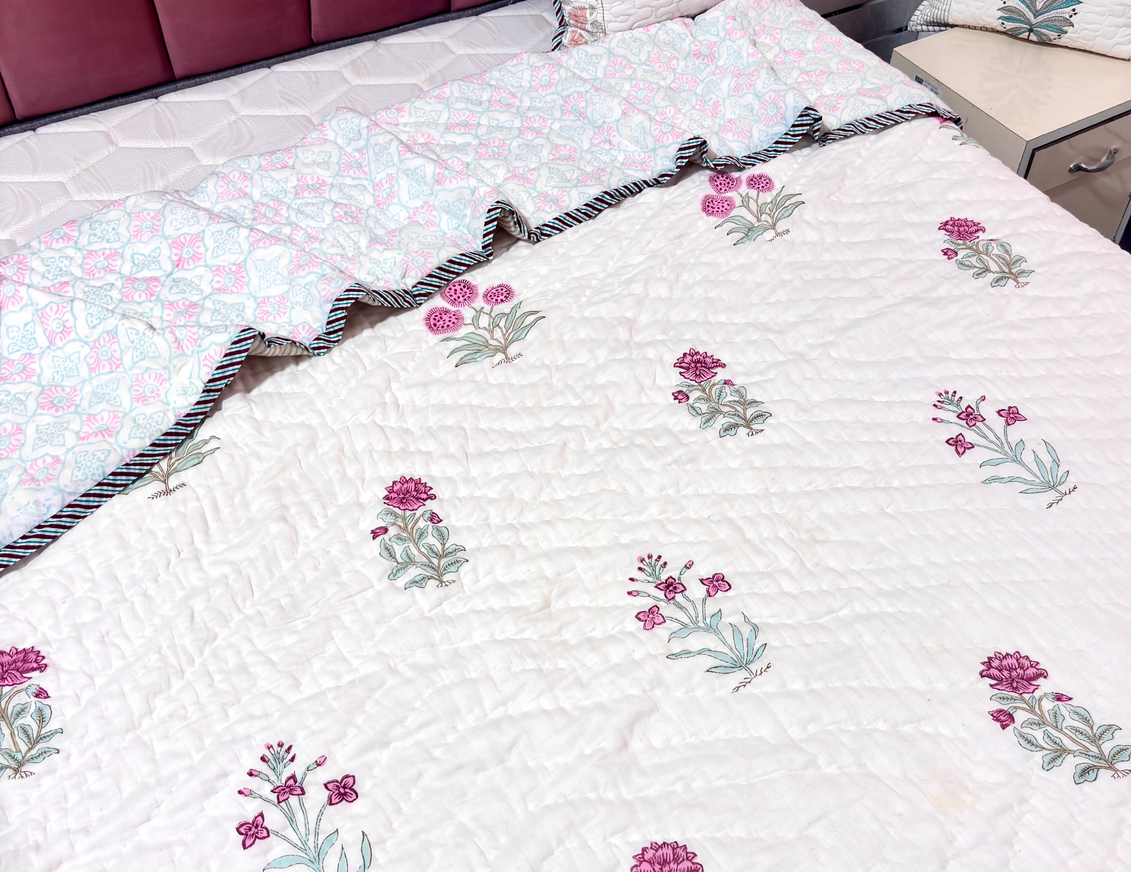 Pink White Floral Cotton Quilt | Quilted Bedspread | Hand Block Printed Handmade Quilt | Soft Lightweight Quilt