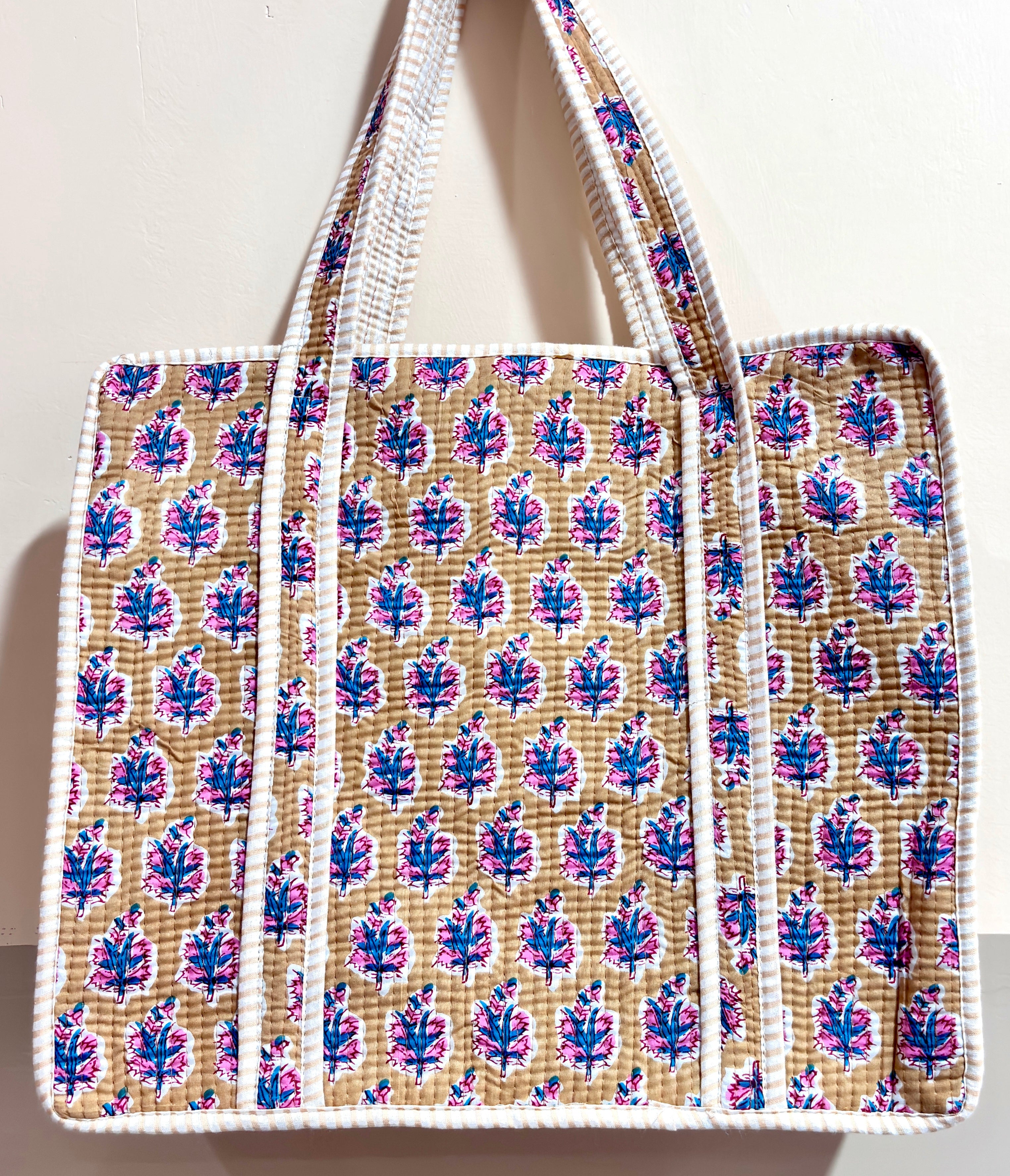 Mustard Floral Print Tote Bag Set | Purple Blue Flower Cotton Bags | Hand Block Printed Reusable Shopping Bags