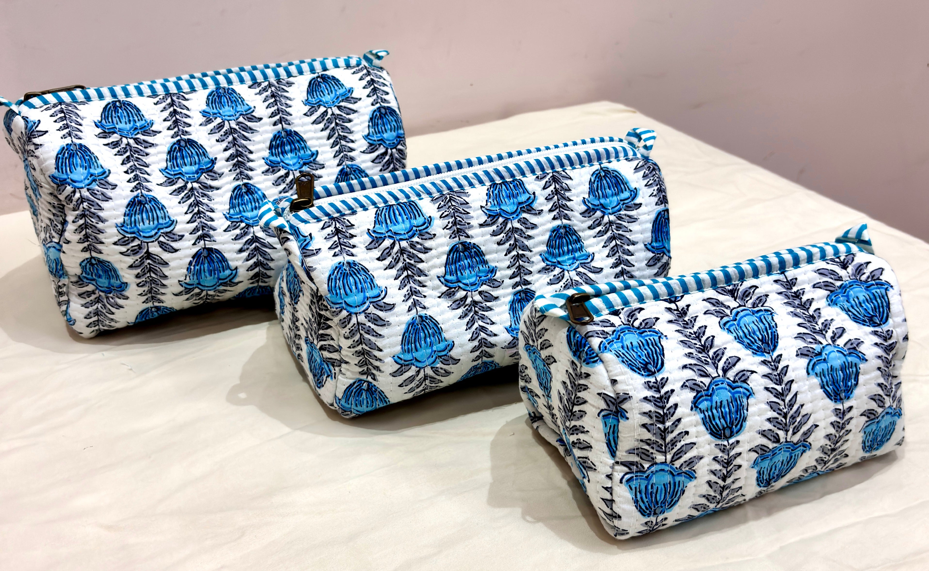Blue Floral Print Tote Bag Set | Blue White Cotton Tote Bags | Hand Block Printed Reusable Shopping Bags