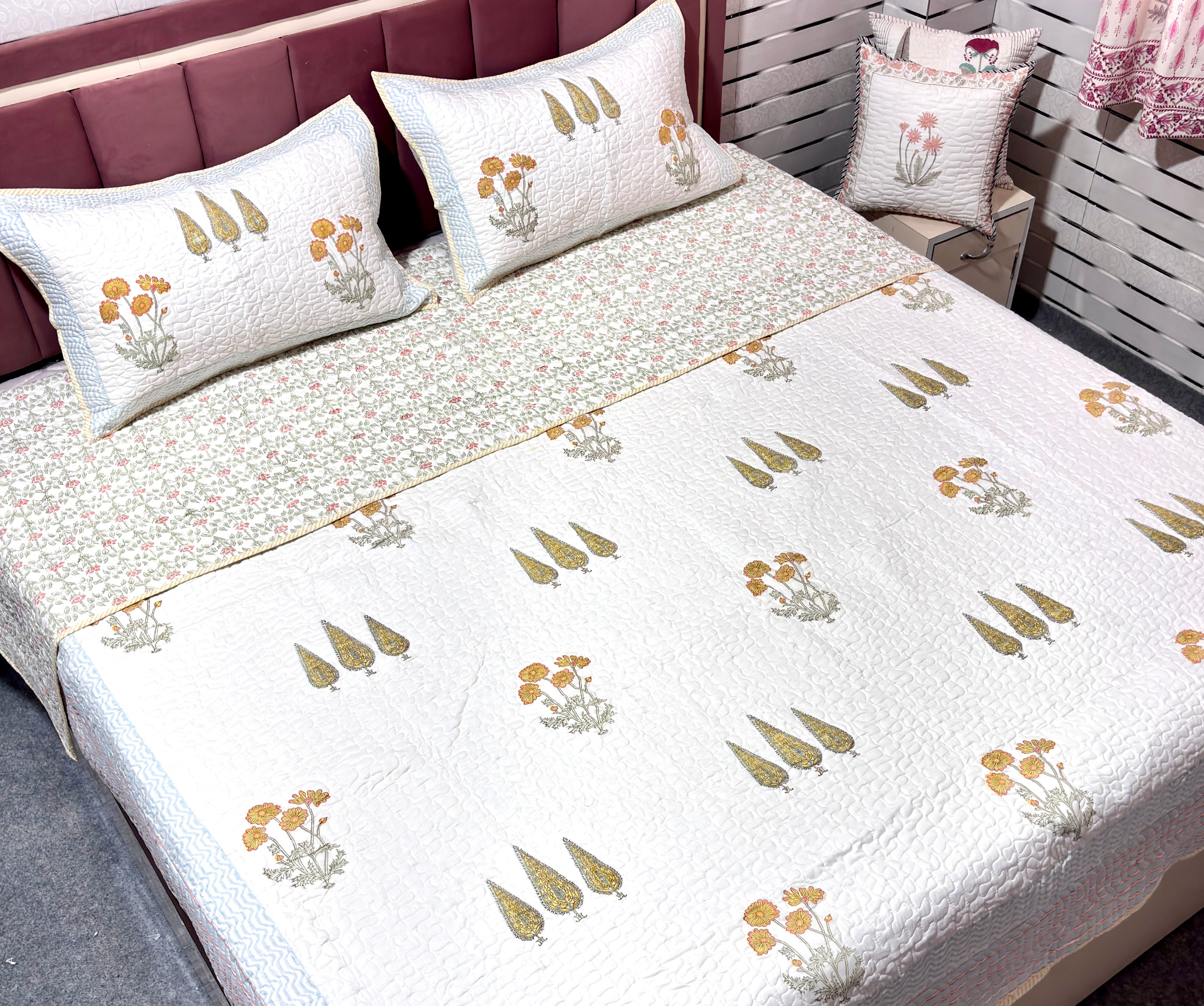 Floral Cotton Bedcover | Hand Block Printed Quilted Bedspread | Handmade Cotton Bed Cover | Floral Bedding