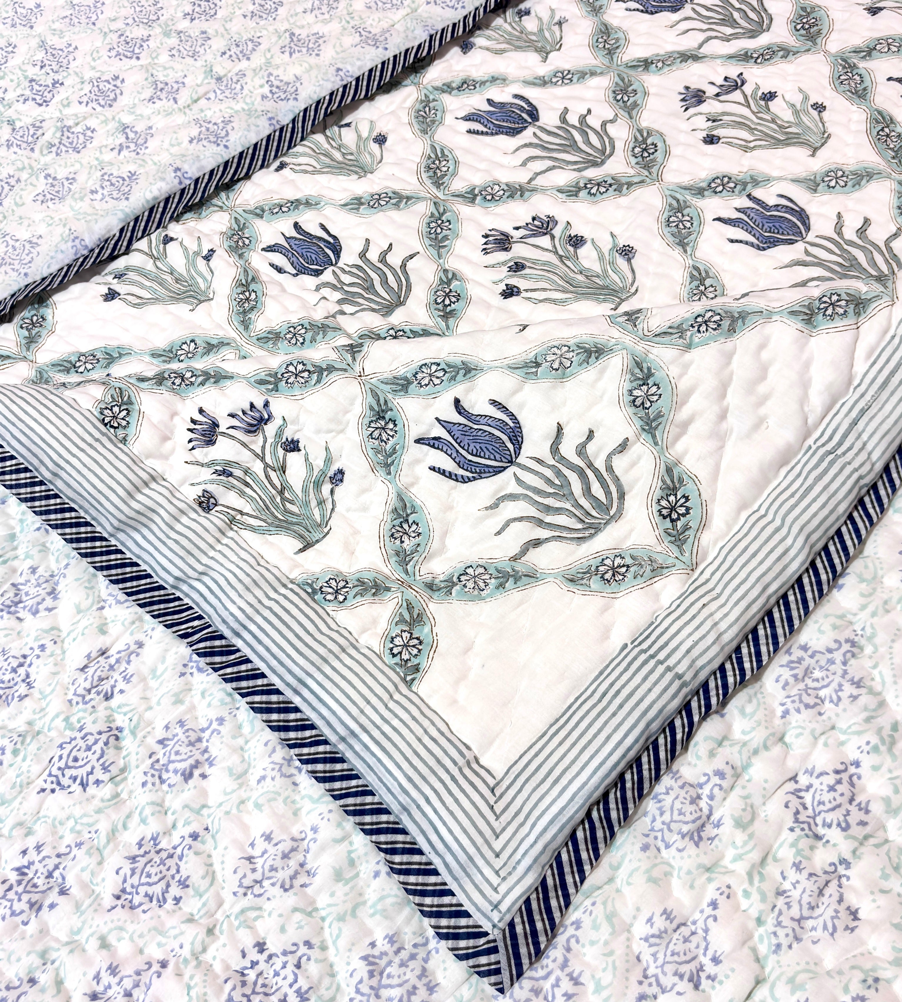 Blue Floral Hand Block Printed Cotton Quilt | Reversible Jaipuri Quilt | Soft Lightweight Bedspread for All Seasons
