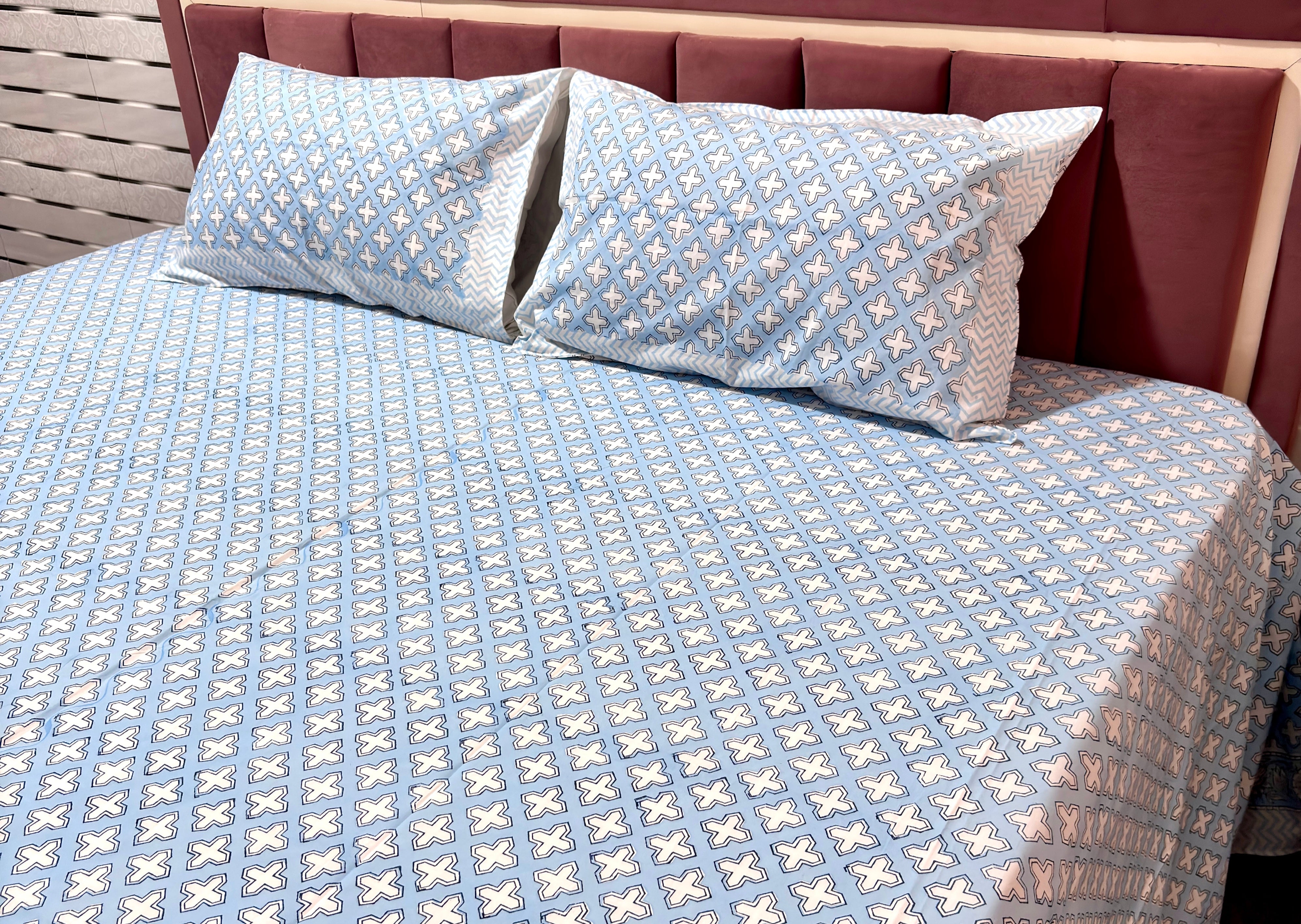 Premium Blue Cotton King Size Bedsheet with Pillow Covers