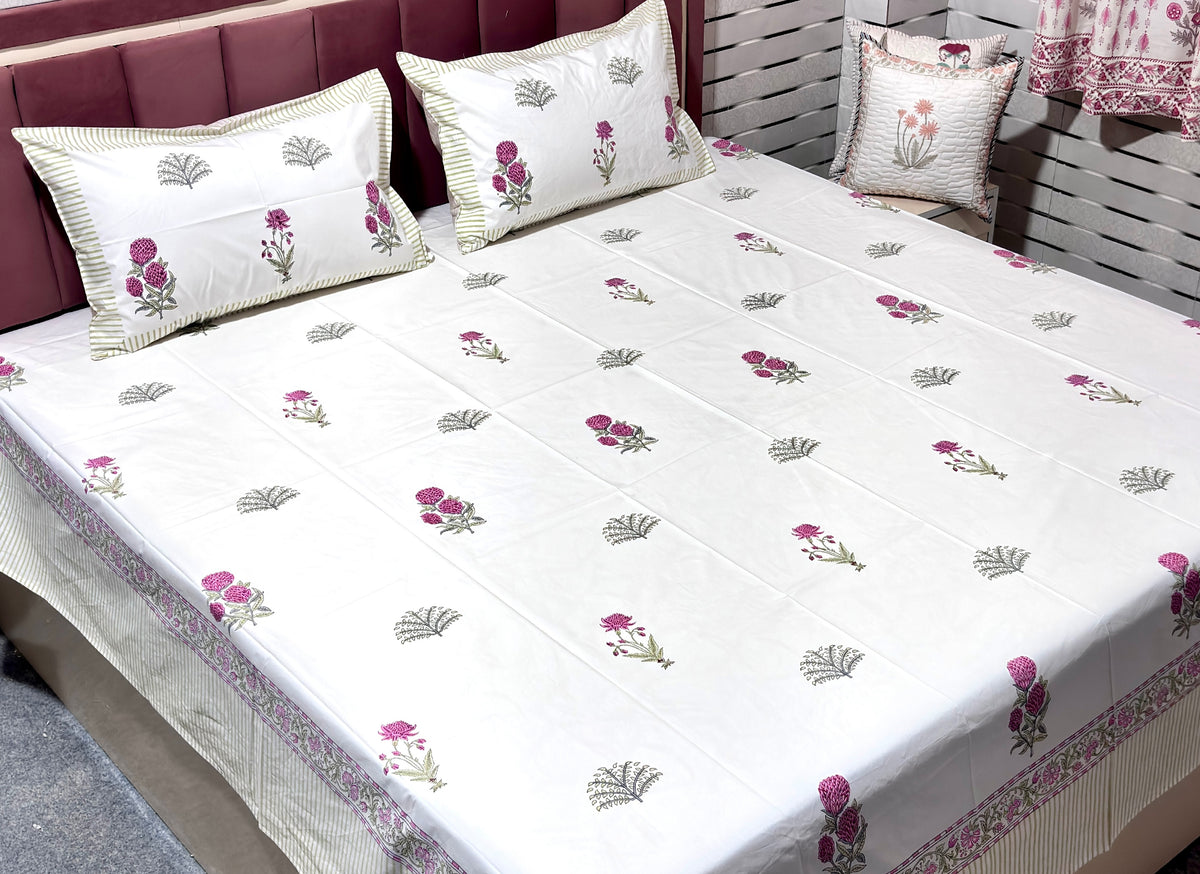White Floral Cotton Bedsheet | Pink Flower & Green Botanical Printed Double Bed Sheet | Elegant Indian Floral Bedding | King Size