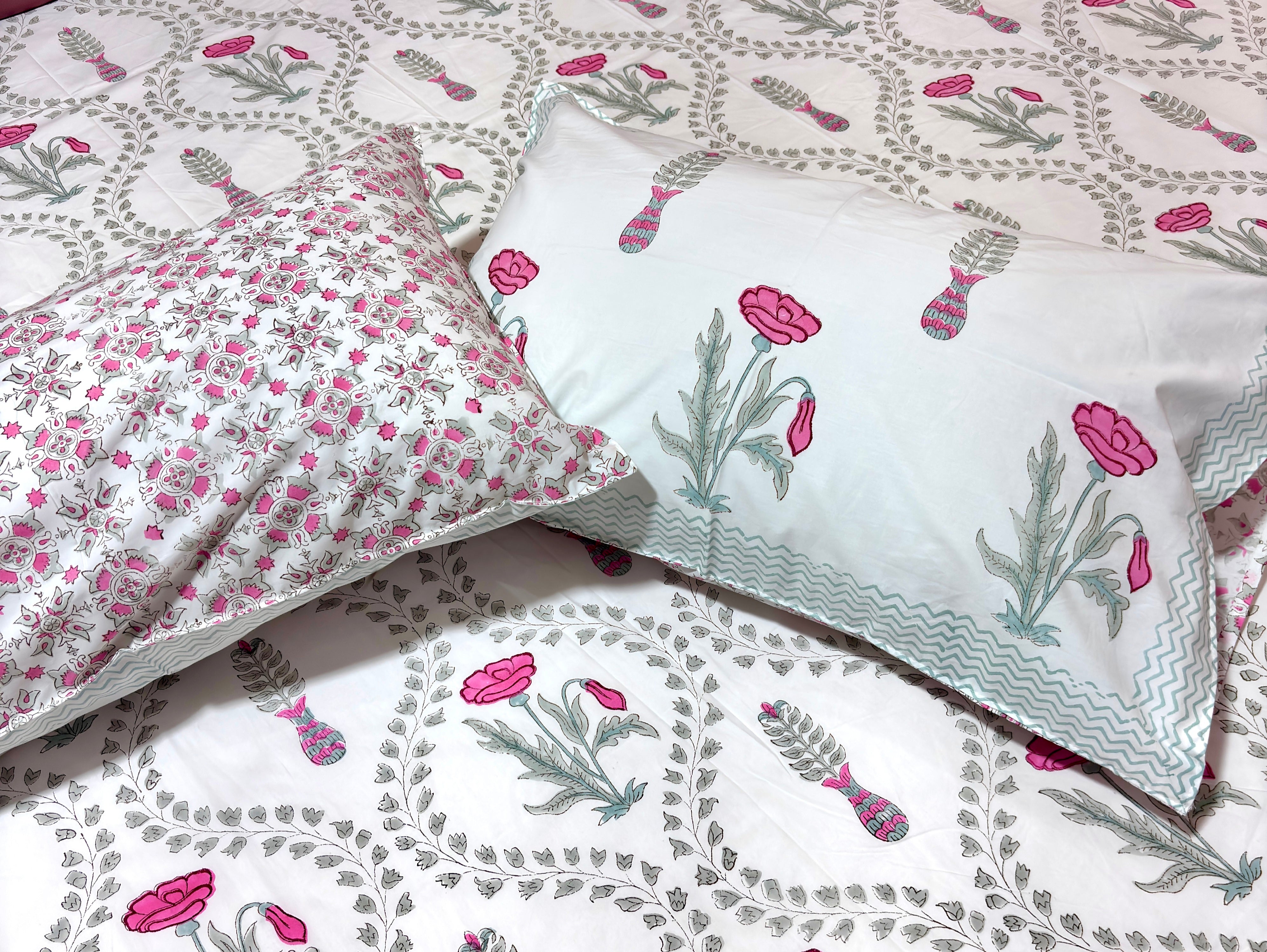 Hand Block Printed Cotton Bedsheet | Floral Pink & Grey Double Bedsheet | 108 x 108 Inch