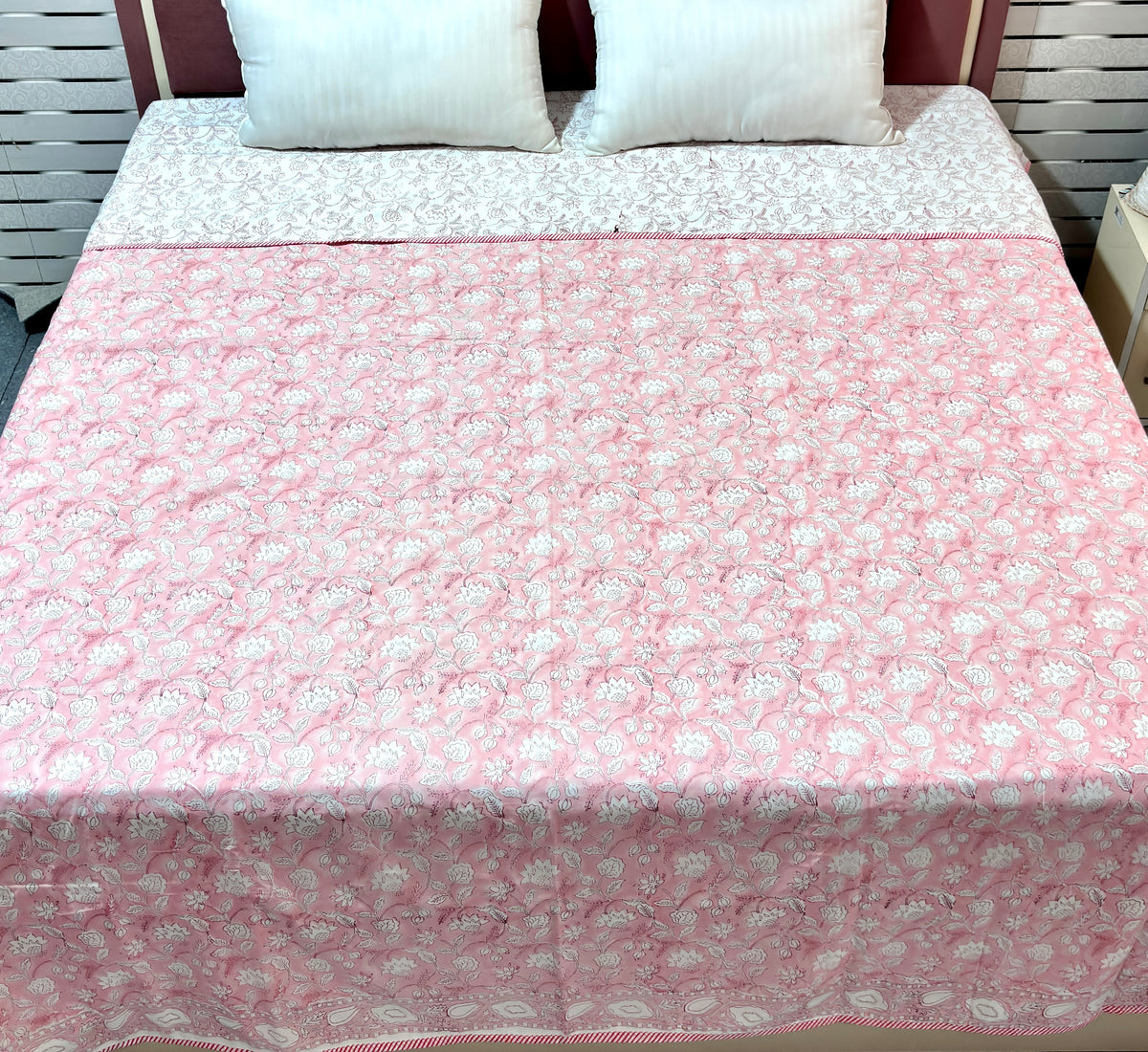 Pink Floral Cotton Dohar | Soft Printed Summer Blanket | Elegant Floral Double Bed Dohar | Lightweight Indian Bedding
