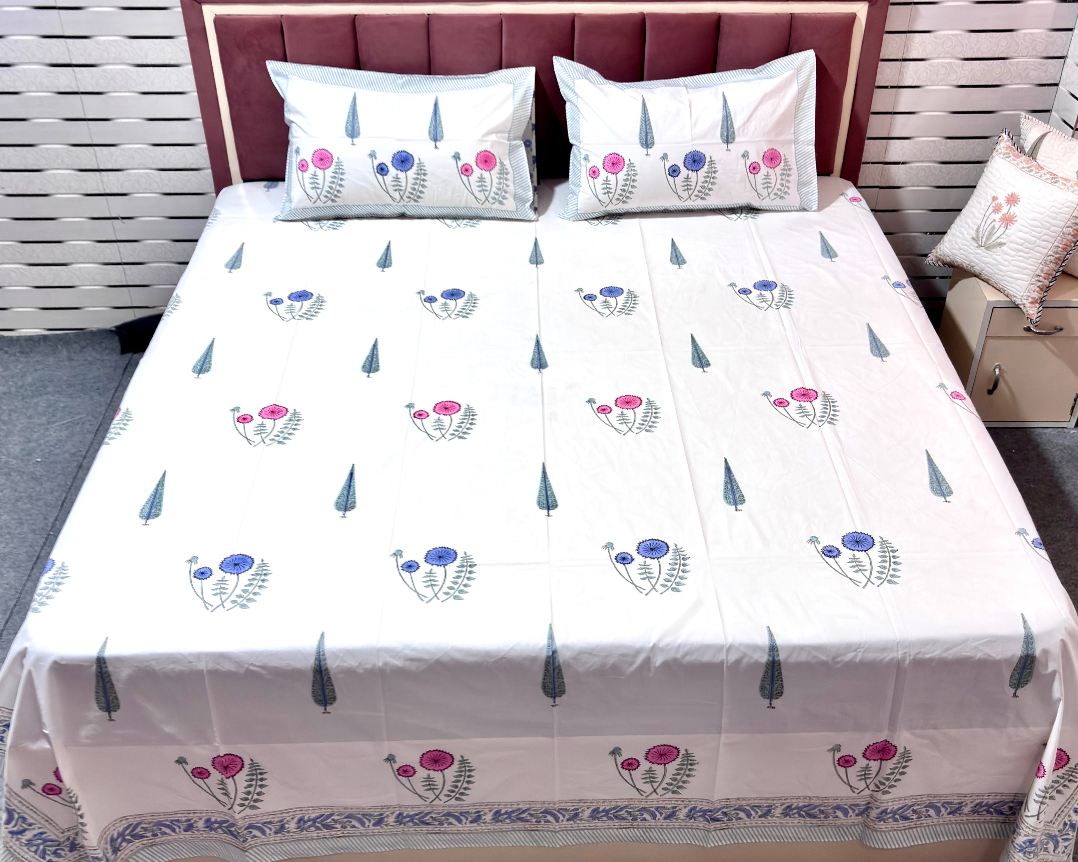 Blue Pink Floral Print Cotton Bedsheet | Hand Block Printed Double Bed Sheet | White Botanical Bedsheet | 108 x 108 Inch