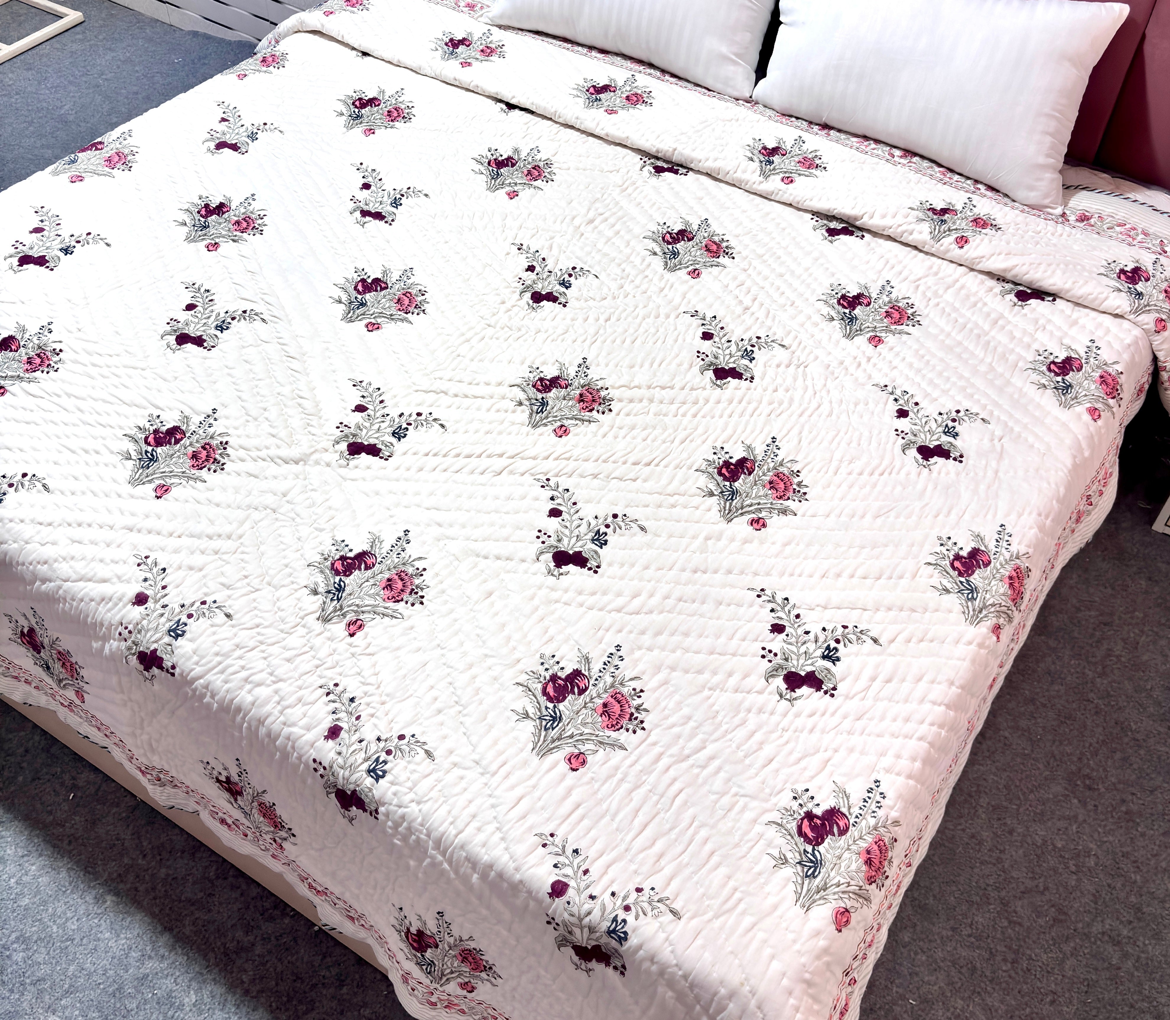 Floral Hand Block Print Quilt Queen Size Cotton Bedding | Soft Lightweight Kantha Quilt | Jaipur Handmade Bedspread