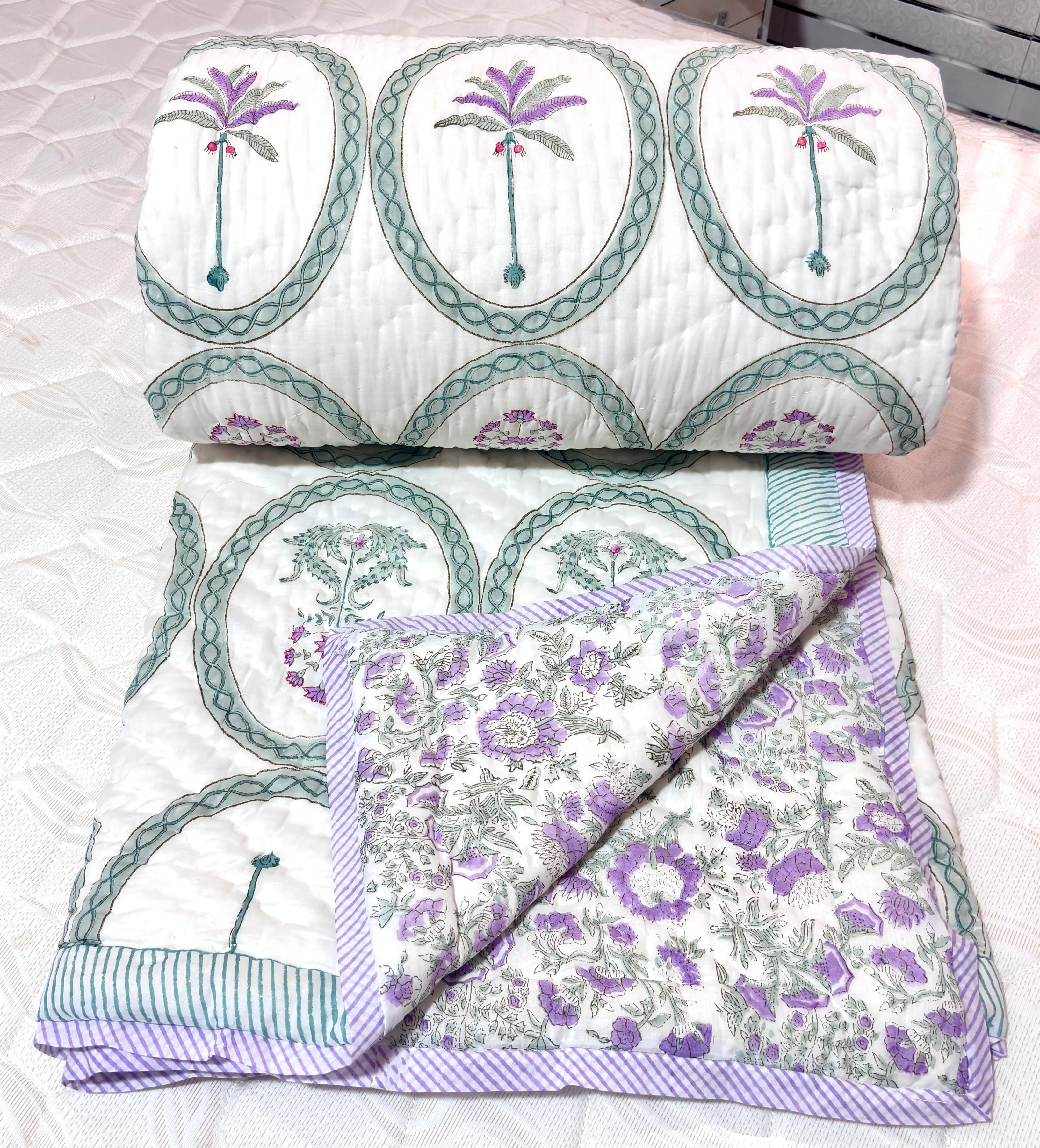 Hand Block Printed Cotton Quilt | Green Floral Medallion Reversible Bedspread | Handmade Indian Quilt | Lightweight Queen & King Size Bedding