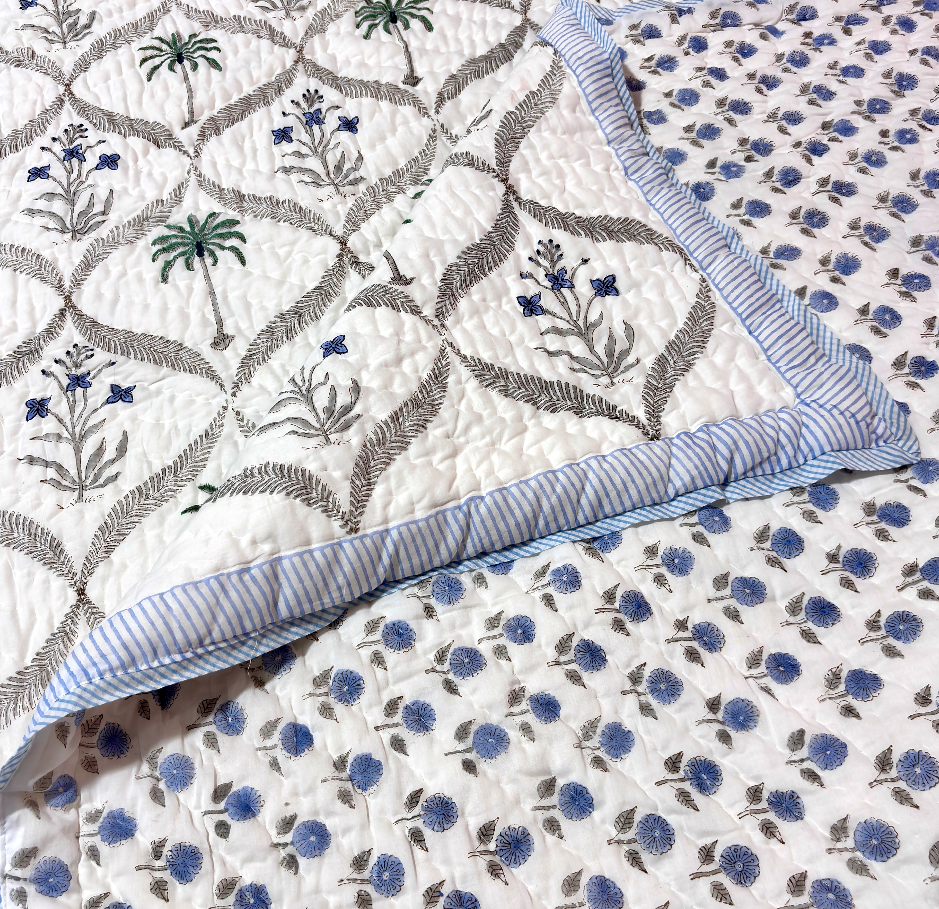 Blue Floral Cotton Quilt | Reversible Hand Block Printed Quilt | Palm Tree & Floral Quilted Bedspread | Lightweight Summer Bedding