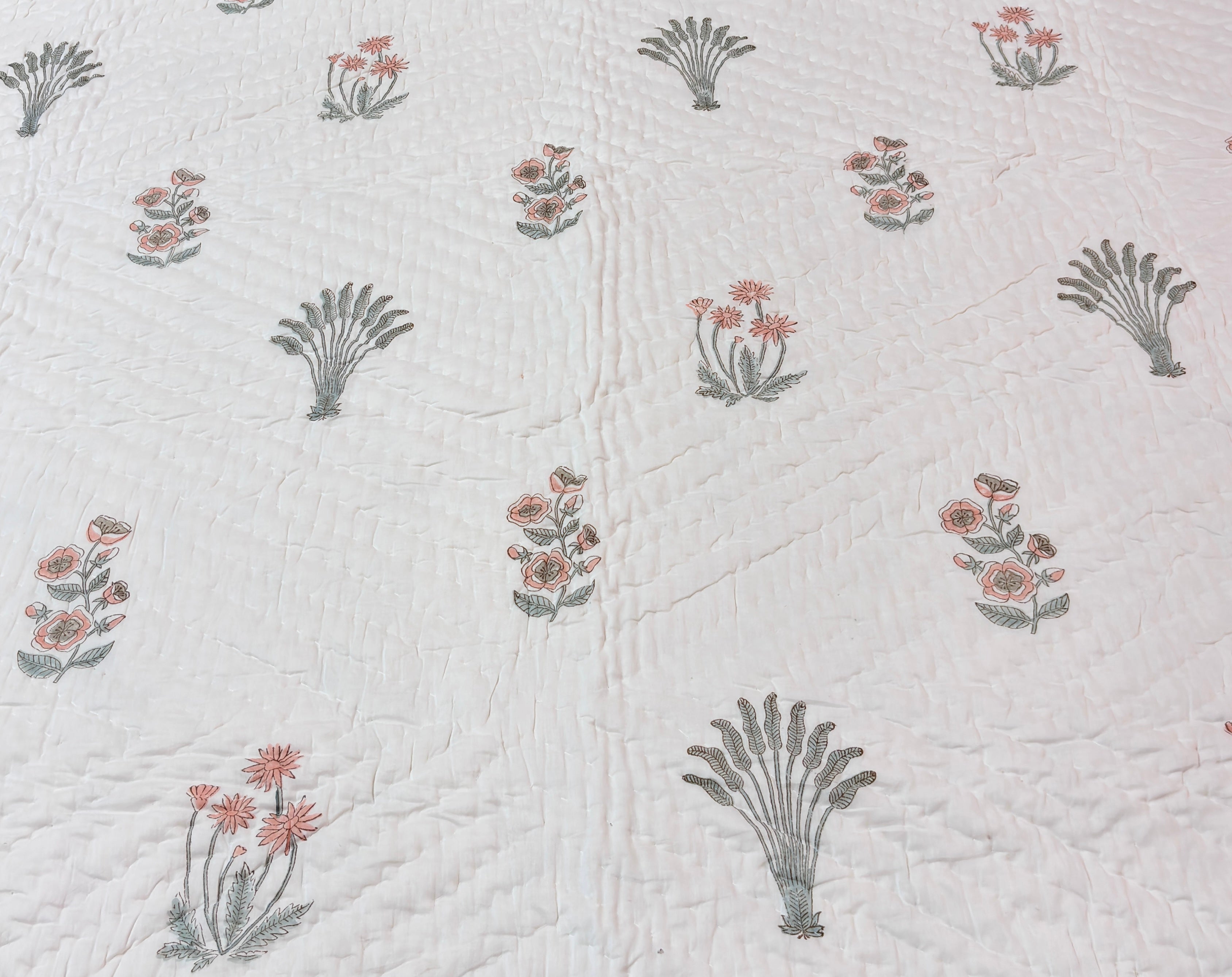 Floral Hand Block Printed Cotton Quilt | White Peach Flower Bed Quilt | Handmade Indian Cotton Bedspread
