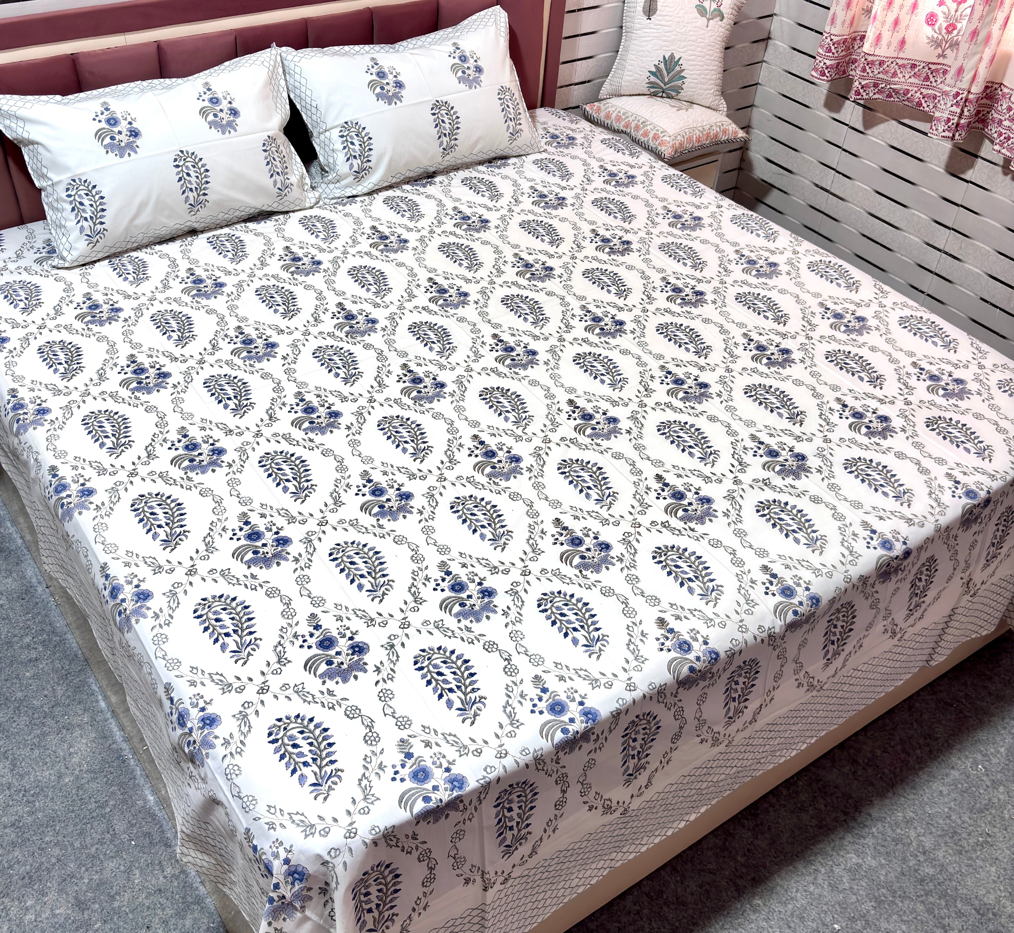 Premium Blue Floral Cotton Bedsheet with Pillow Covers for Double Bed | Soft & Stylish Bedding Set