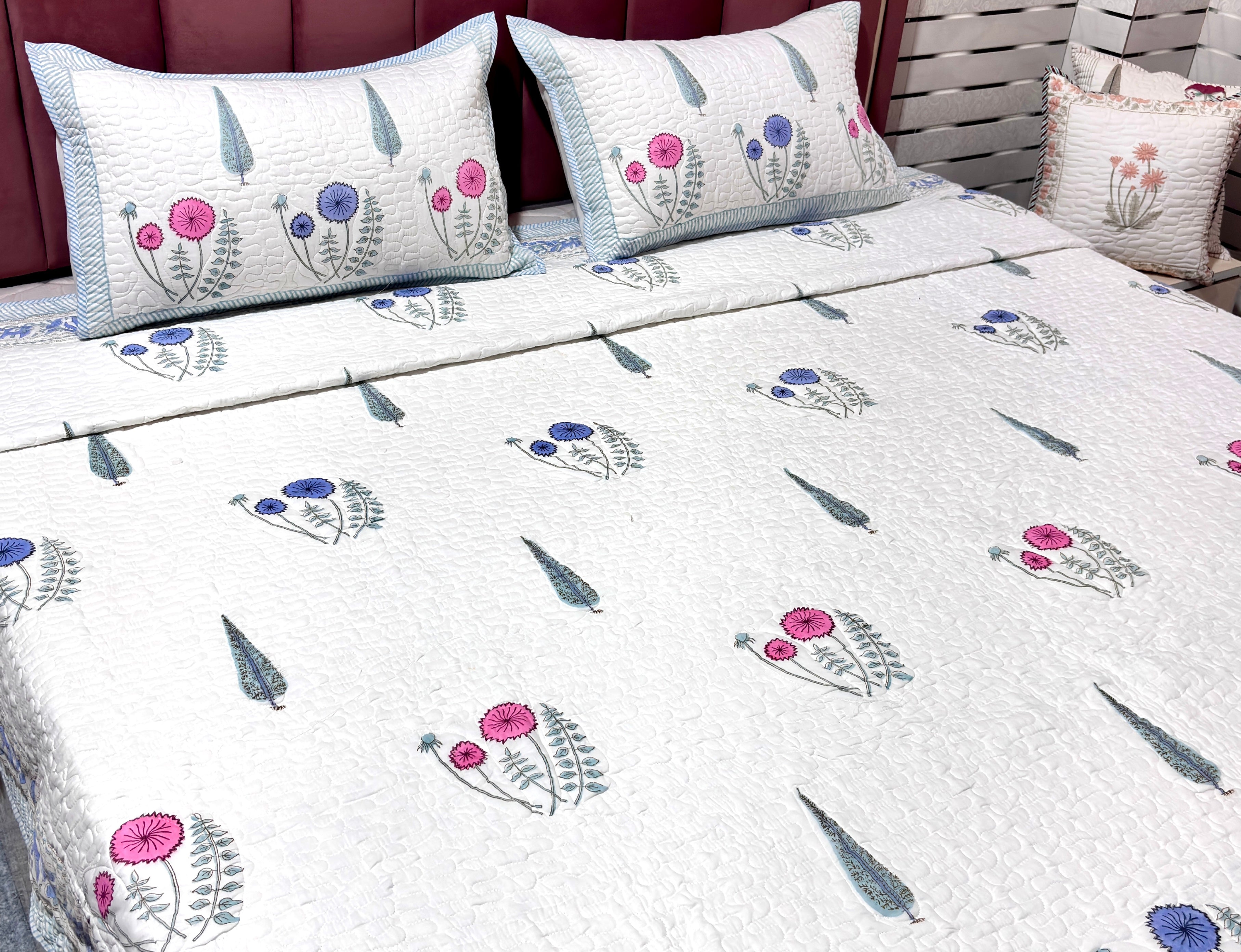 White Blue Pink Floral Bedcover | Quilted Cotton Bedspread | Hand Block Printed Handmade Bed Cover | Soft Indian Home Bedding