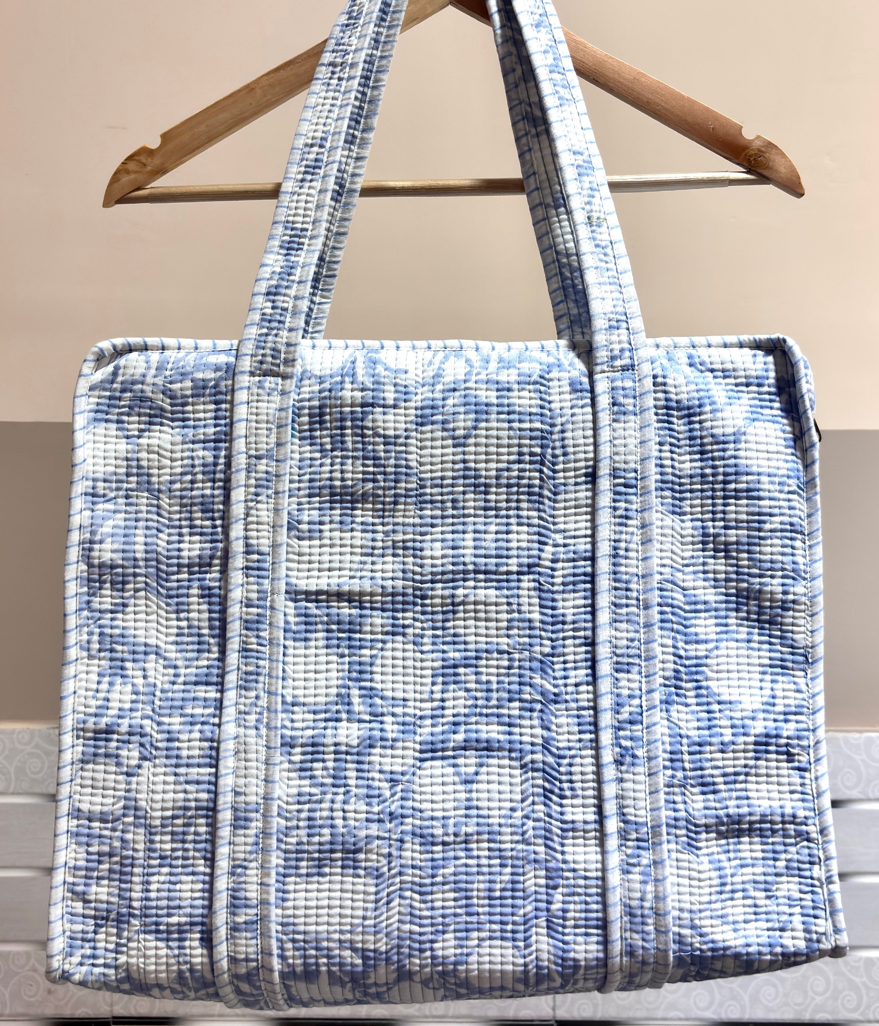 Blue Floral Quilted Tote Bag, Handmade Cotton Handbag, Indian Block Print Shoulder Bag, Reusable Shopping Tote, Beach Bag