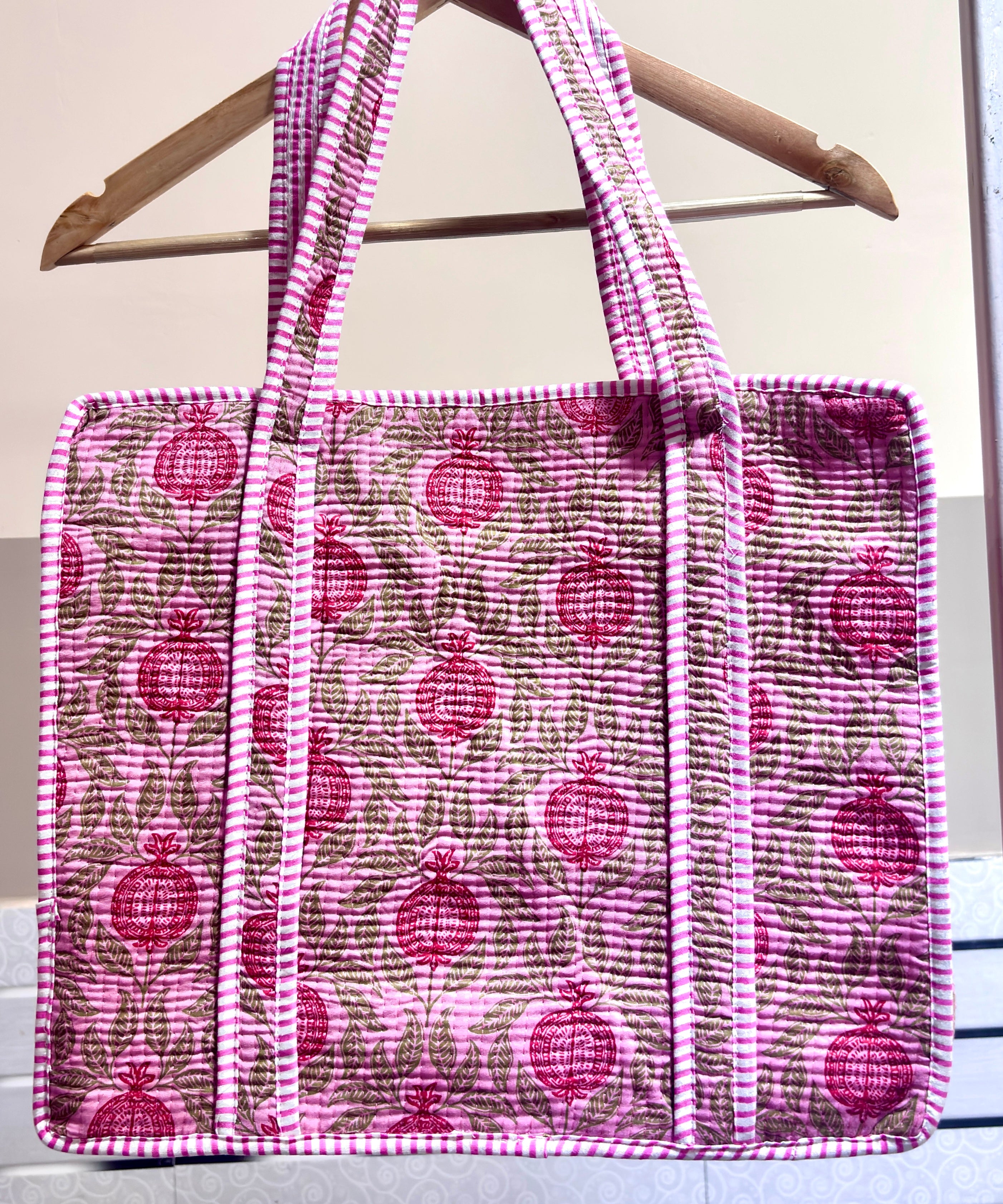 Pink Hand Block Print Quilted Cotton Tote Bag, Handmade Floral Shoulder Bag, Indian Cotton Shopping Tote, Reusable Beach Bag, Gift for Her